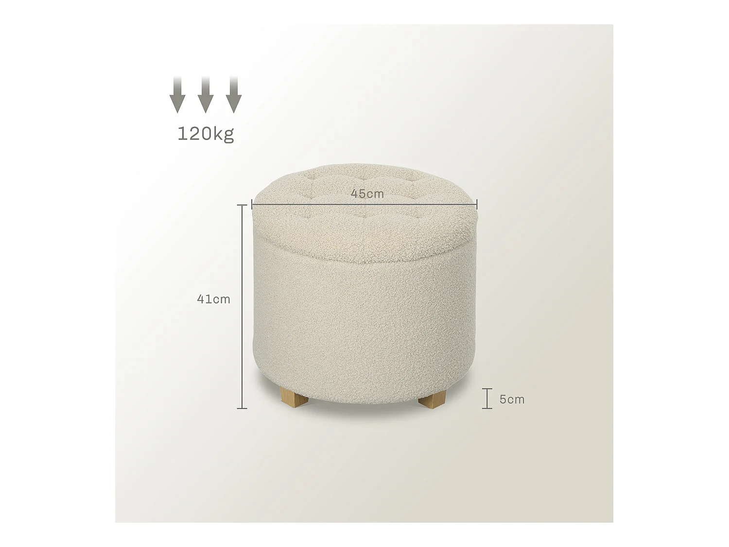 Ronde opbergbank met kussen, polyester, crème (45x45x41cm)