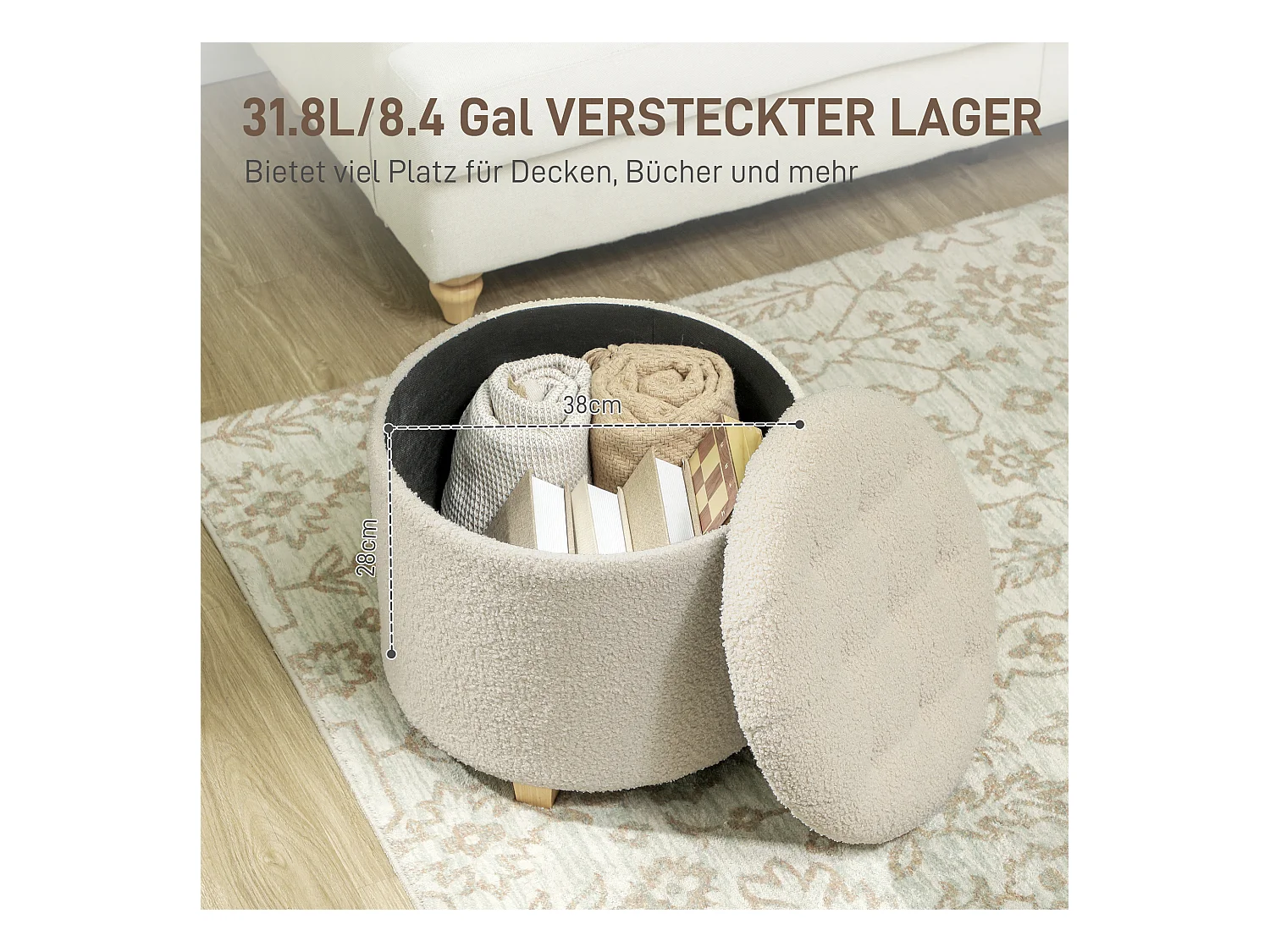 Ronde opbergbank met kussen, polyester, crème (45x45x41cm)