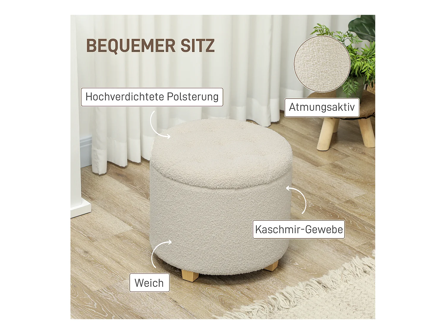 Ronde opbergbank met kussen, polyester, crème (45x45x41cm)