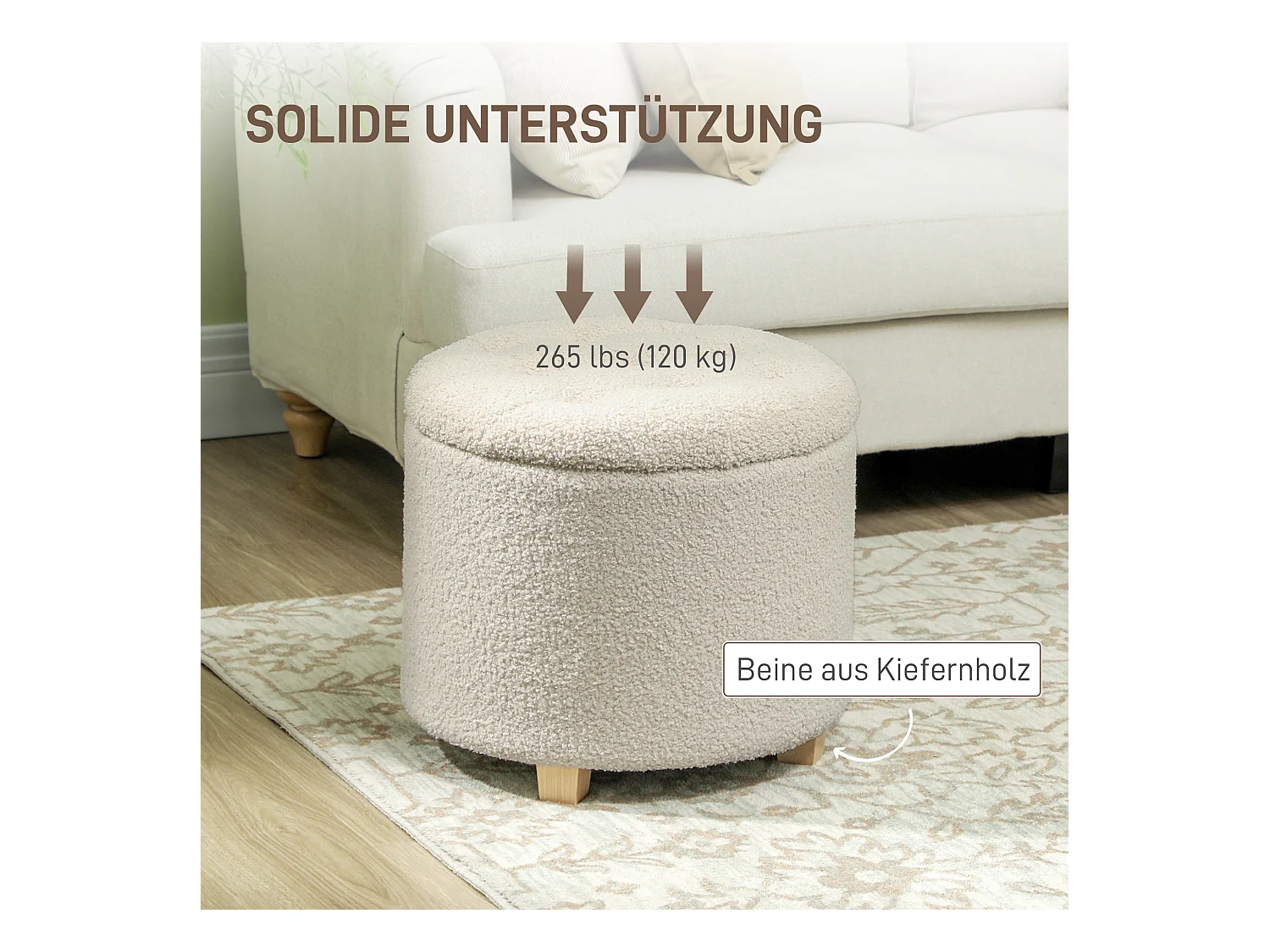 Ronde opbergbank met kussen, polyester, crème (45x45x41cm)