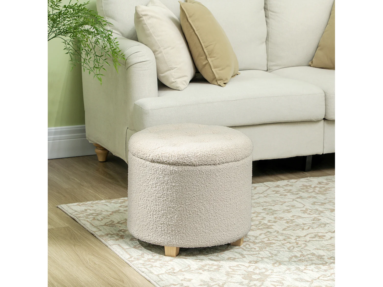 Banc de rangement rond avec coussin, polyester, crème (45x45x41cm)