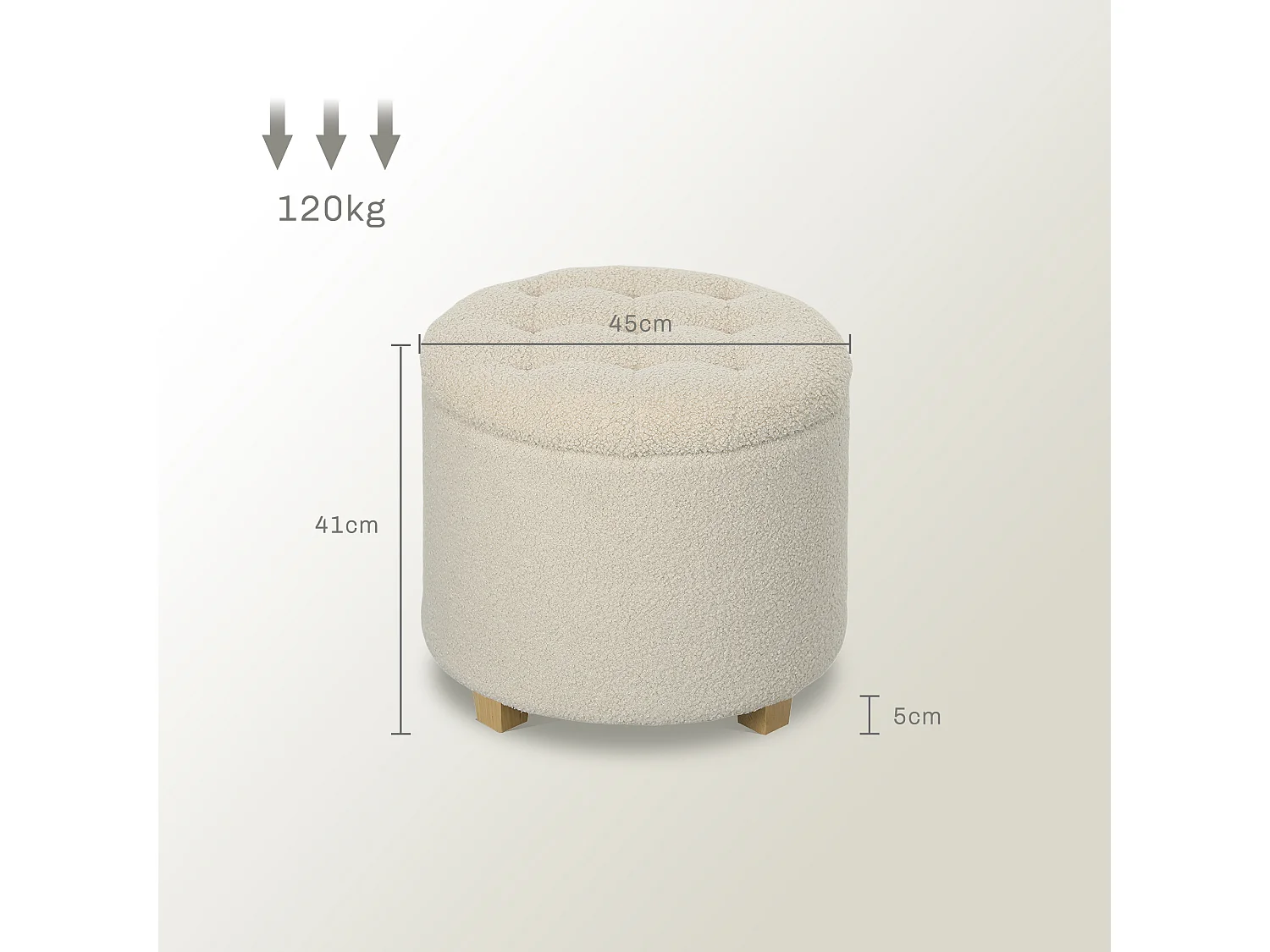 Banc de rangement rond avec coussin, polyester, crème (45x45x41cm)