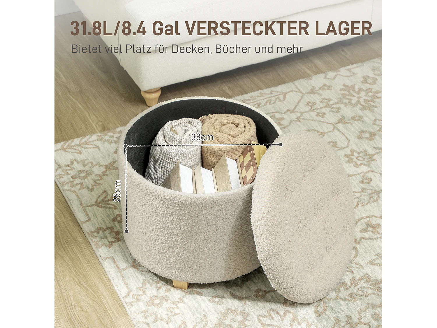 Banc de rangement rond avec coussin, polyester, crème (45x45x41cm)