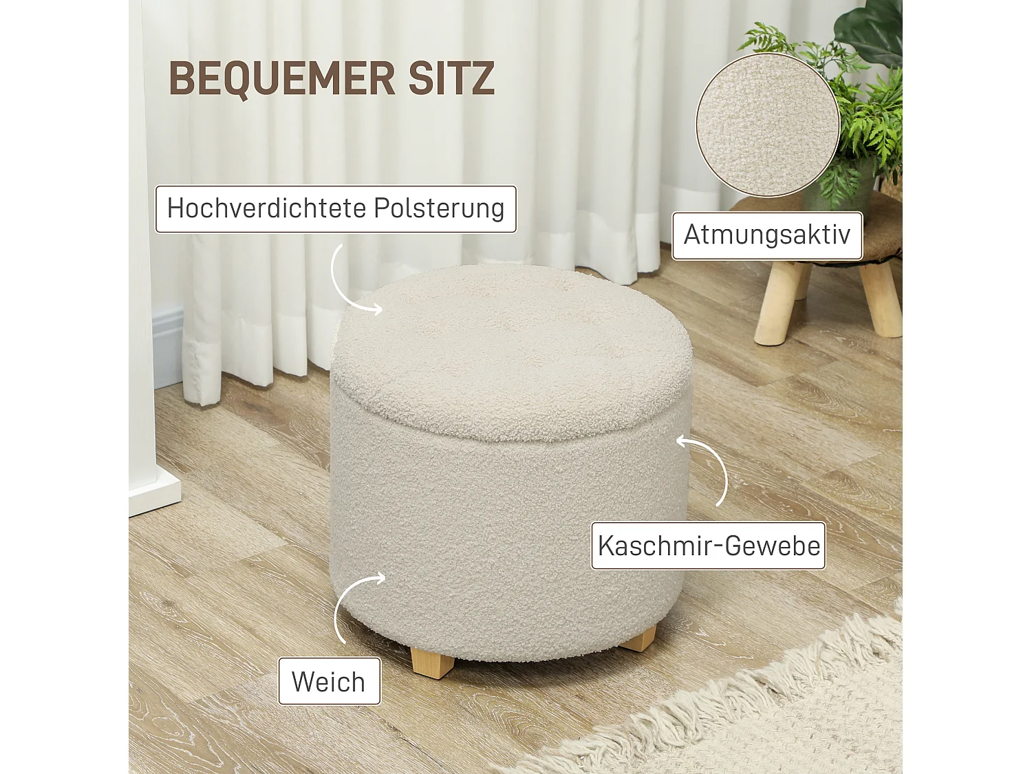 Banc de rangement rond avec coussin, polyester, crème (45x45x41cm)