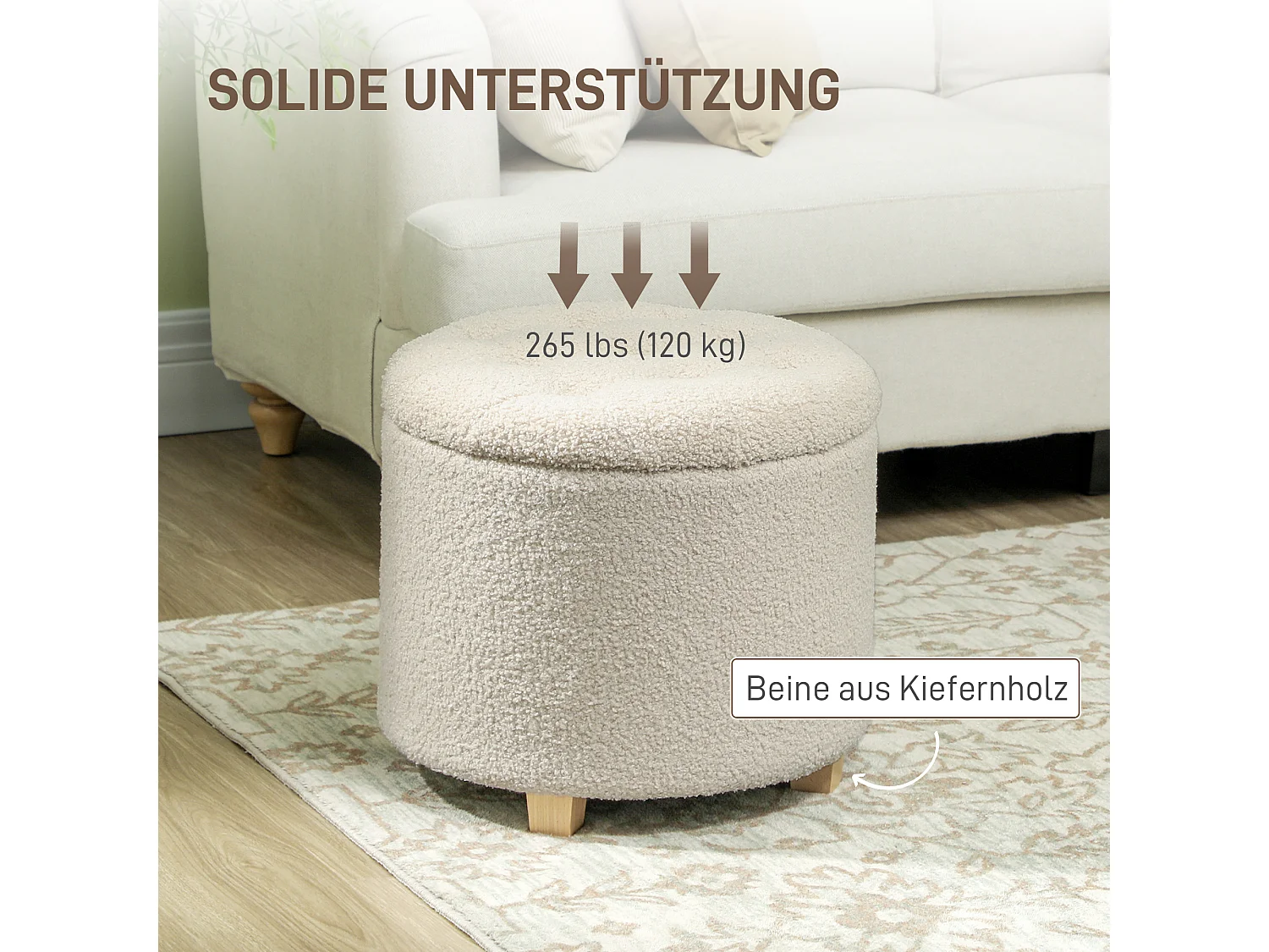 Banc de rangement rond avec coussin, polyester, crème (45x45x41cm)