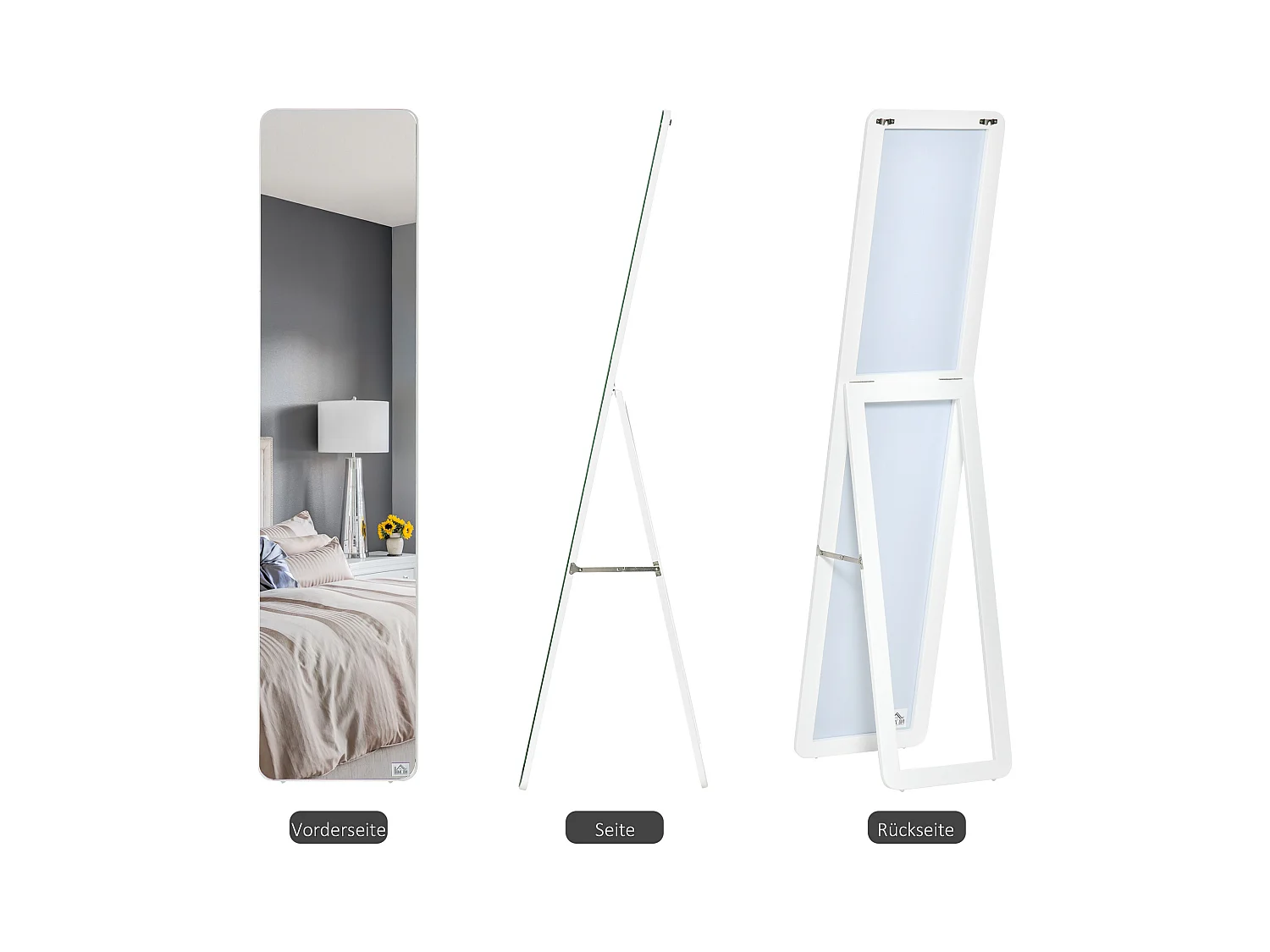 Miroir sur pied avec cadre pliable, miroir de maquillage stable, utilisation murale ou debout, bois, blanc (37x43x156 cm)