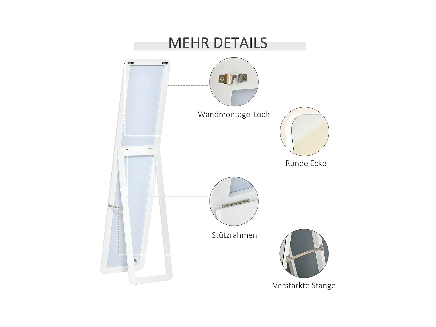 Miroir sur pied avec cadre pliable, miroir de maquillage stable, utilisation murale ou debout, bois, blanc (37x43x156 cm)