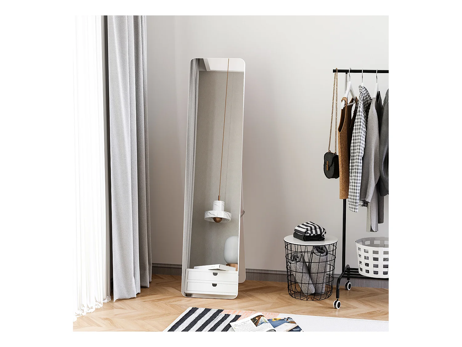 Miroir sur pied avec cadre pliable, miroir de maquillage stable, utilisation murale ou debout, bois, blanc (37x43x156 cm)