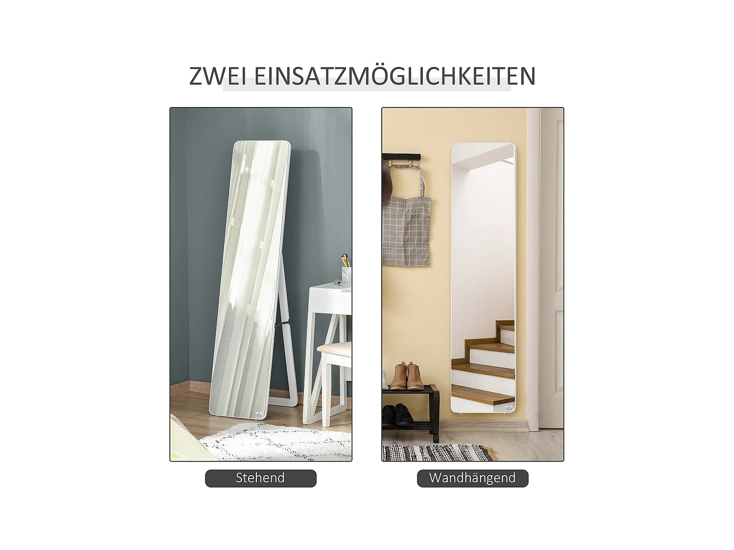 Miroir sur pied avec cadre pliable, miroir de maquillage stable, utilisation murale ou debout, bois, blanc (37x43x156 cm)