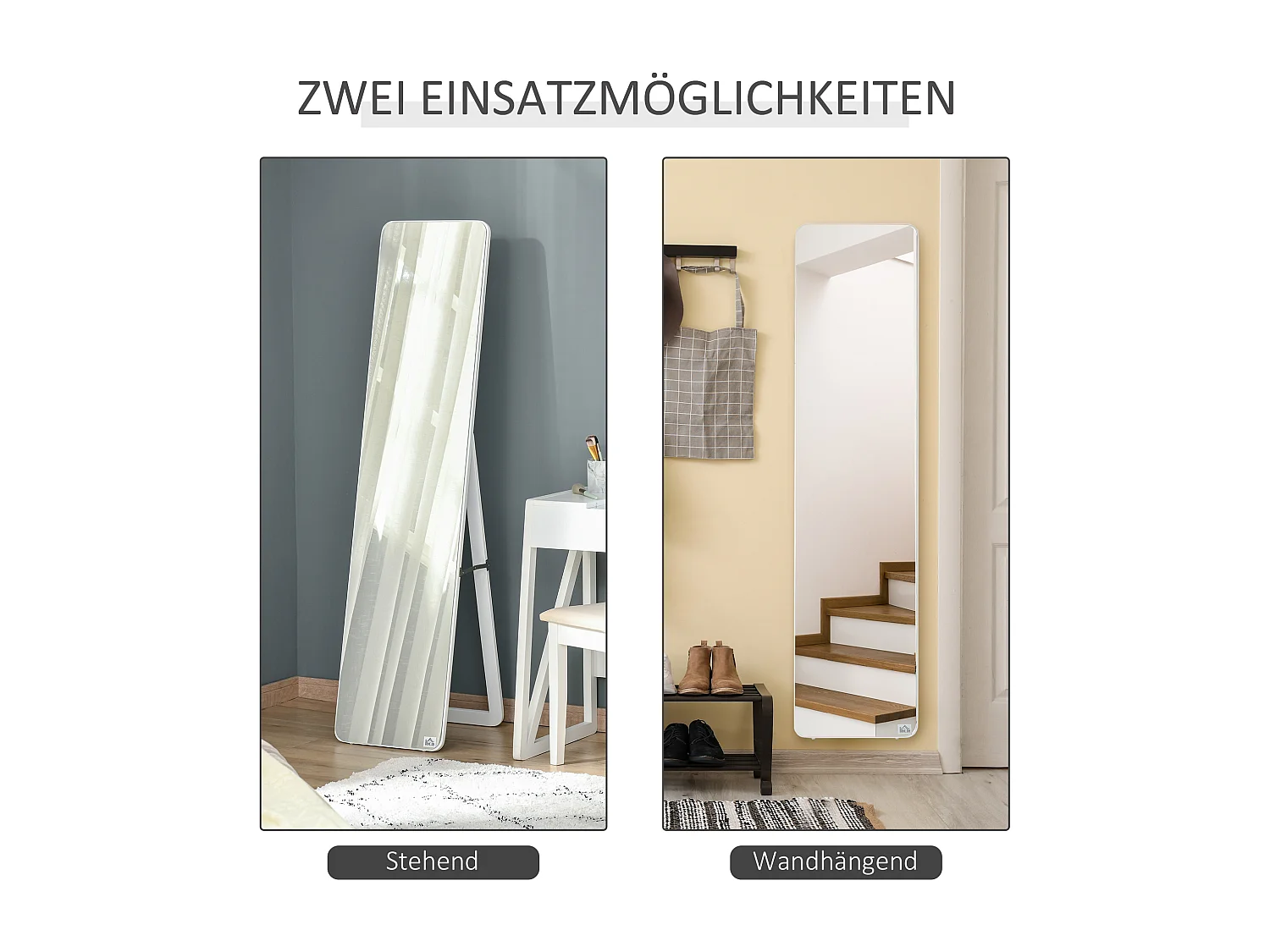 Miroir sur pied avec cadre pliable, miroir de maquillage stable, utilisation murale ou debout, bois, blanc (37x43x156 cm)