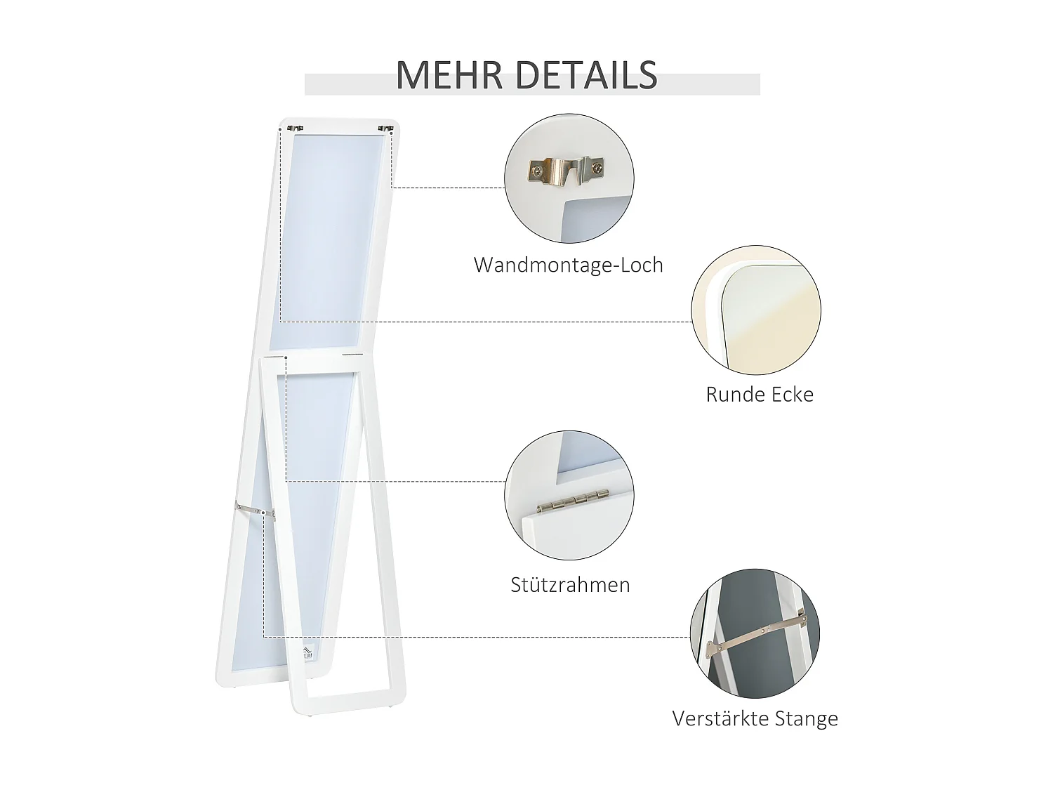 Miroir sur pied avec cadre pliable, miroir de maquillage stable, utilisation murale ou debout, bois, blanc (37x43x156 cm)