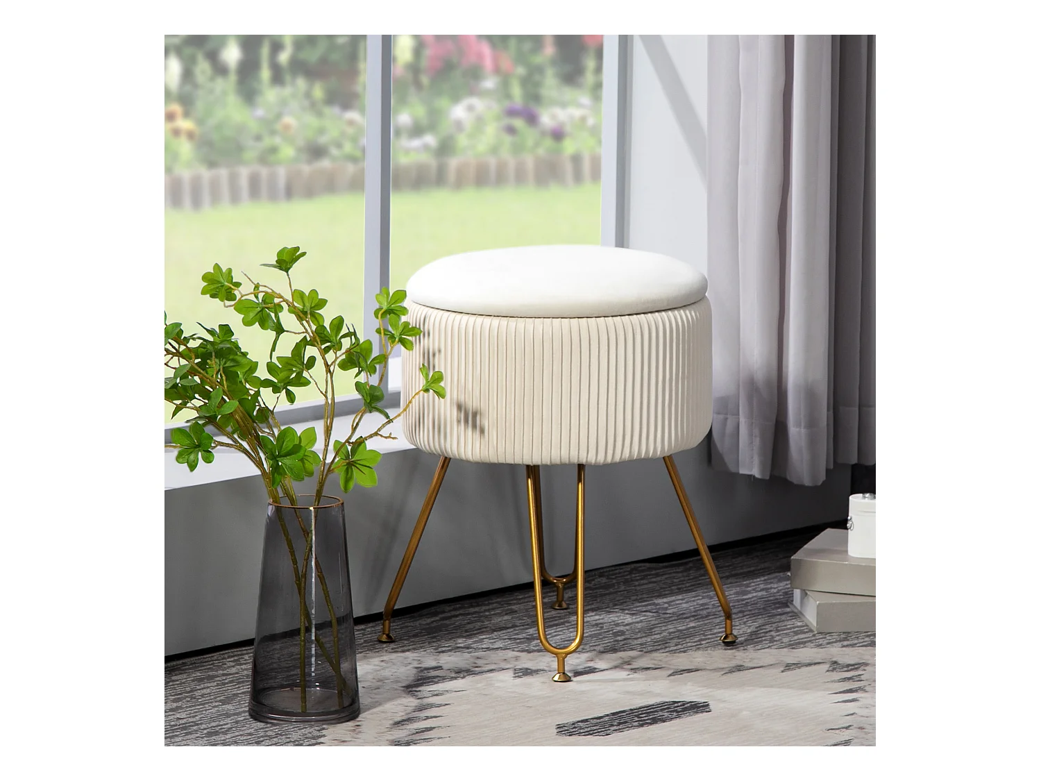 2-in-1 opbergbank met deksel, fluwelen zitting, stalen frame, crème (40x40x48cm)