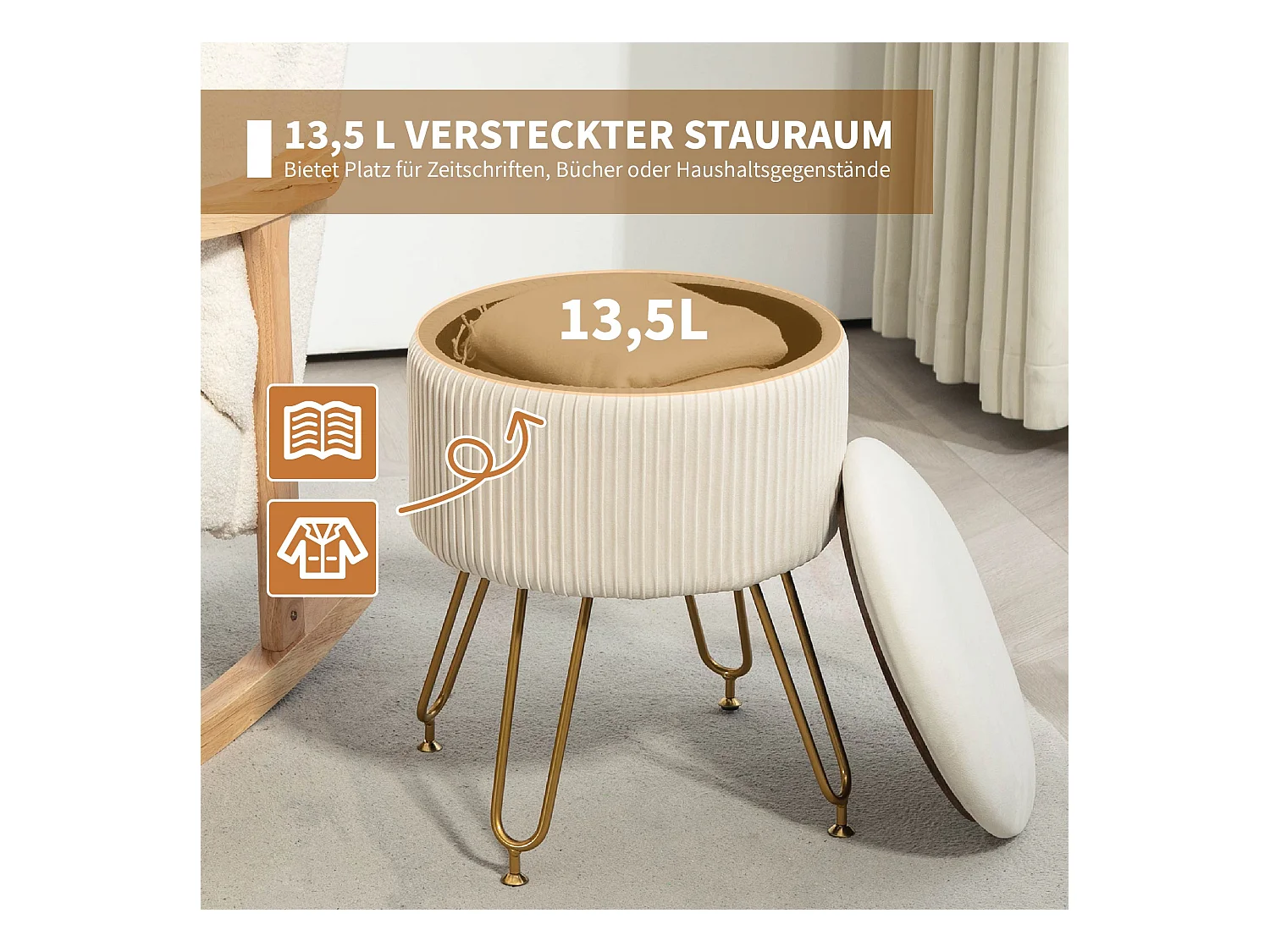 2-in-1 opbergbank met deksel, fluwelen zitting, stalen frame, crème (40x40x48cm)