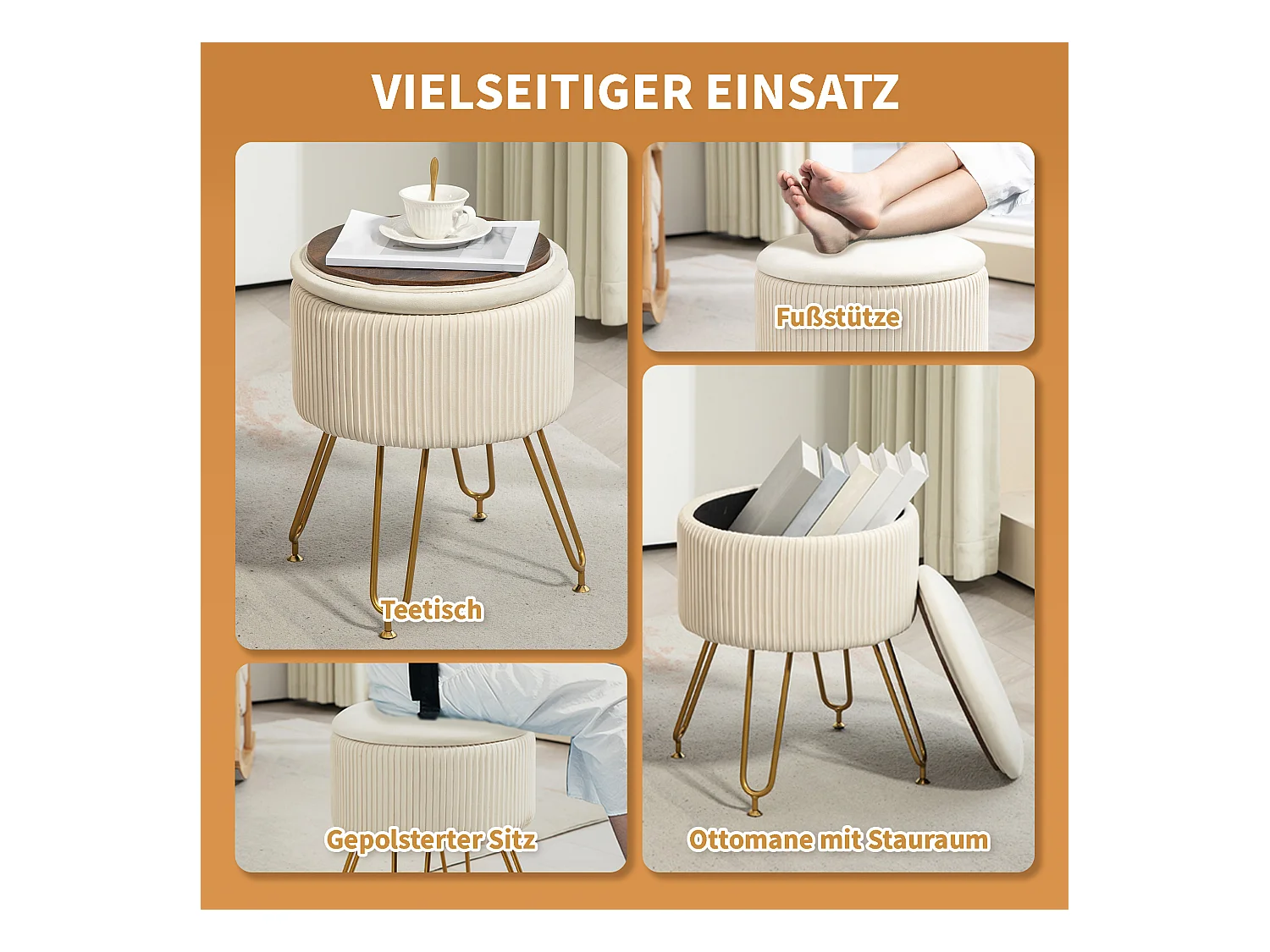 2-in-1 opbergbank met deksel, fluwelen zitting, stalen frame, crème (40x40x48cm)