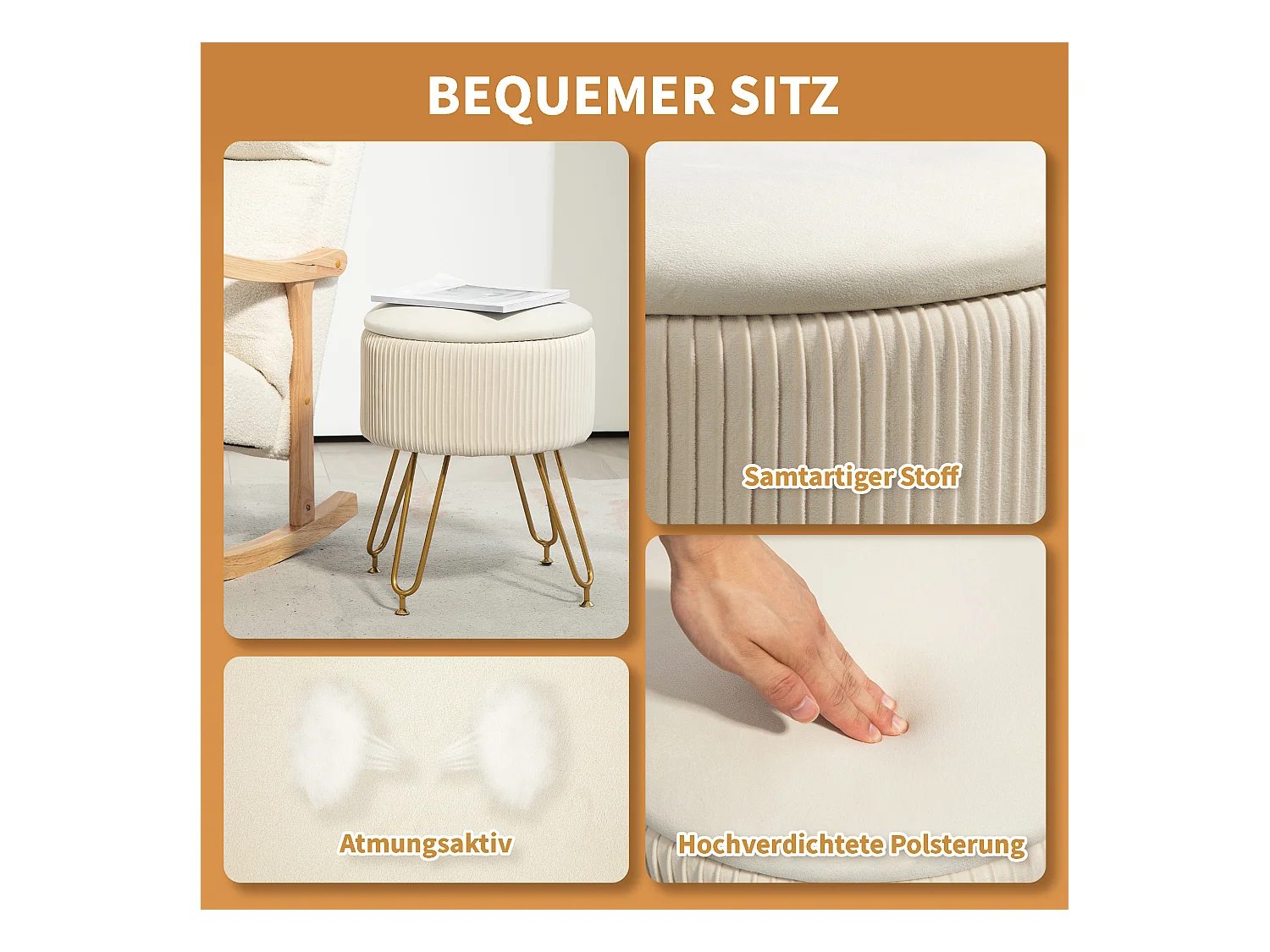 2-in-1 opbergbank met deksel, fluwelen zitting, stalen frame, crème (40x40x48cm)