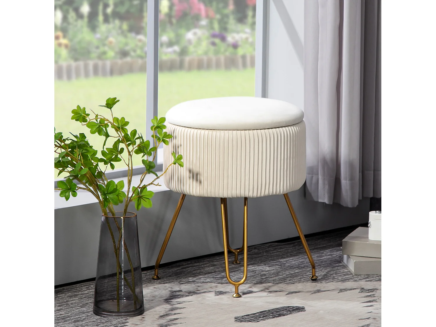 Banc de rangement 2-en-1 avec couvercle, assise en velours, structure acier, crème (40x40x48cm)