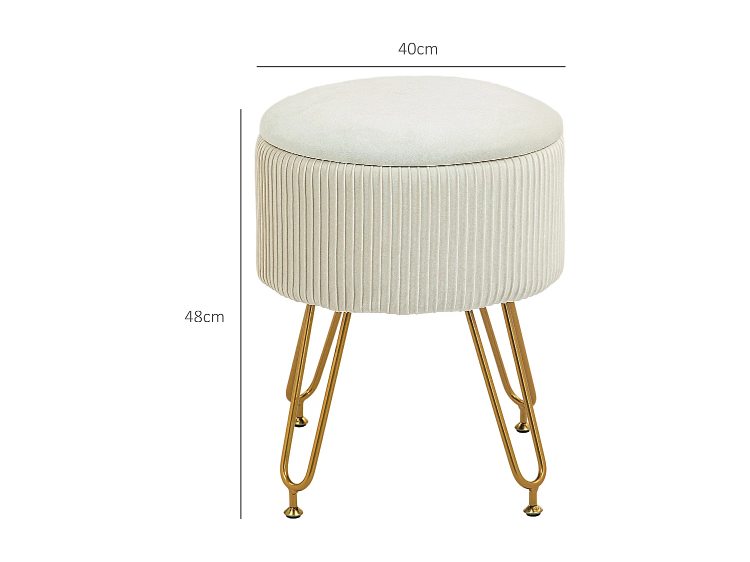 Banc de rangement 2-en-1 avec couvercle, assise en velours, structure acier, crème (40x40x48cm)