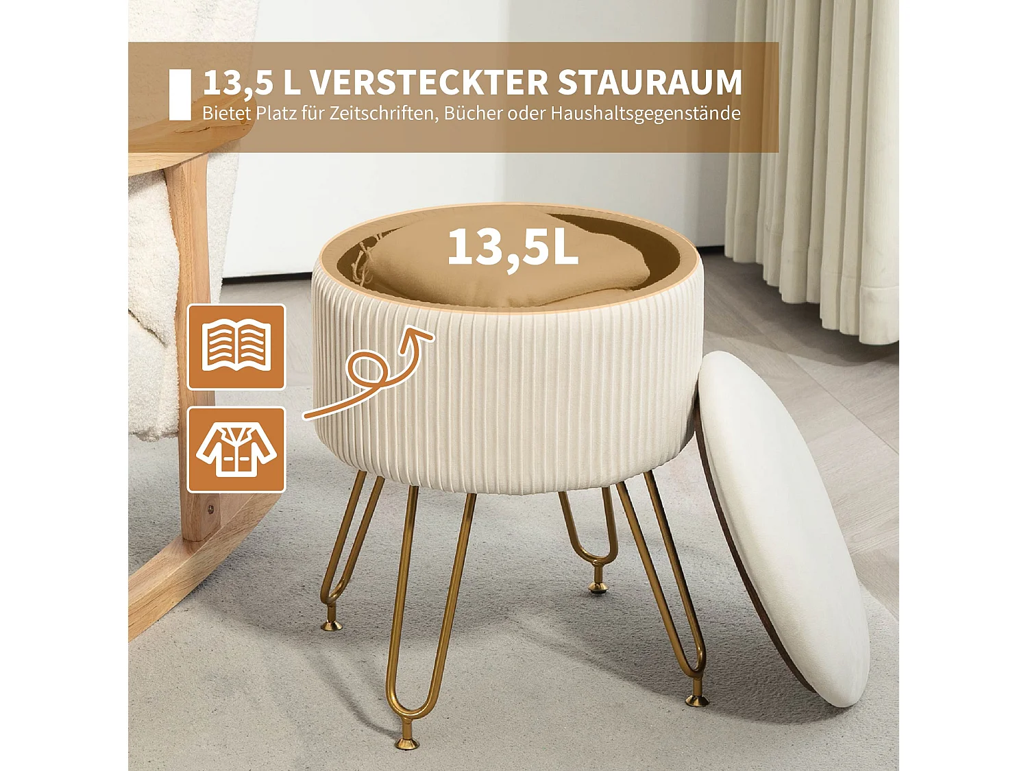 Banc de rangement 2-en-1 avec couvercle, assise en velours, structure acier, crème (40x40x48cm)