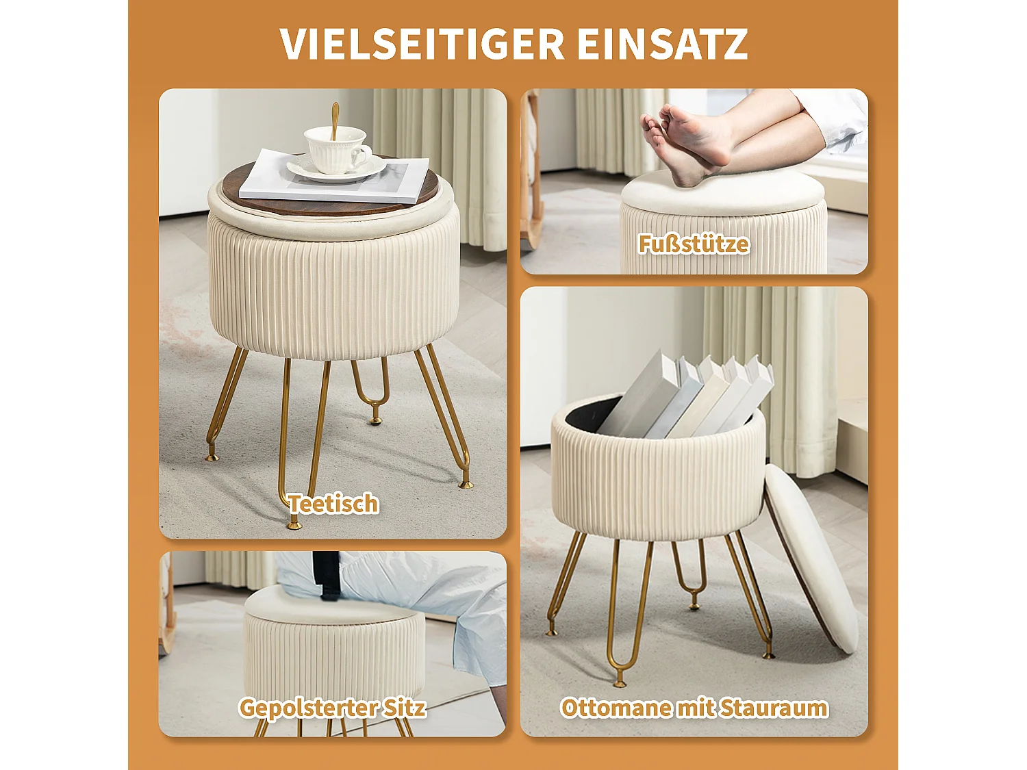 Banc de rangement 2-en-1 avec couvercle, assise en velours, structure acier, crème (40x40x48cm)