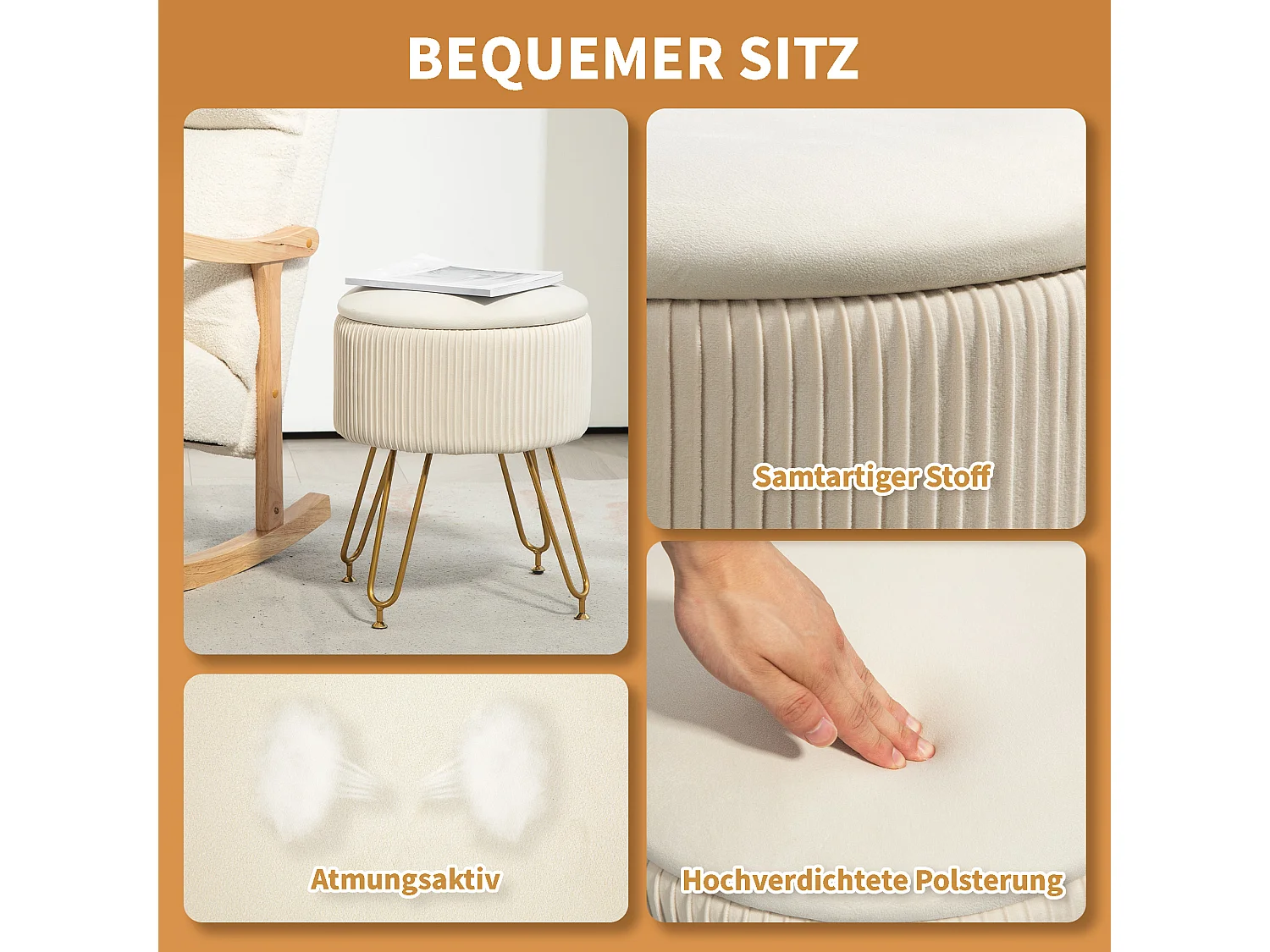 Banc de rangement 2-en-1 avec couvercle, assise en velours, structure acier, crème (40x40x48cm)