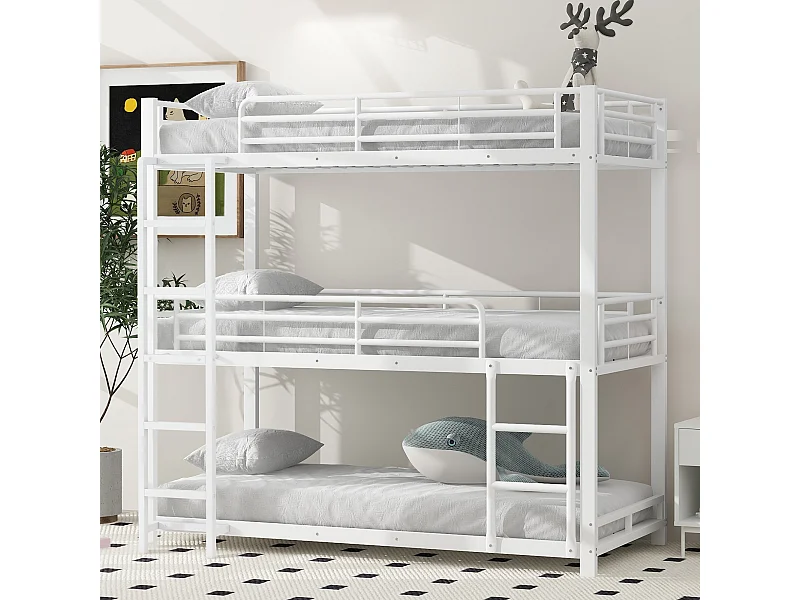 Drievoudig metalen stapelbed met ladder voor kinderen, tieners en volwassenen, metalen frame, wit (204x95x194 cm)