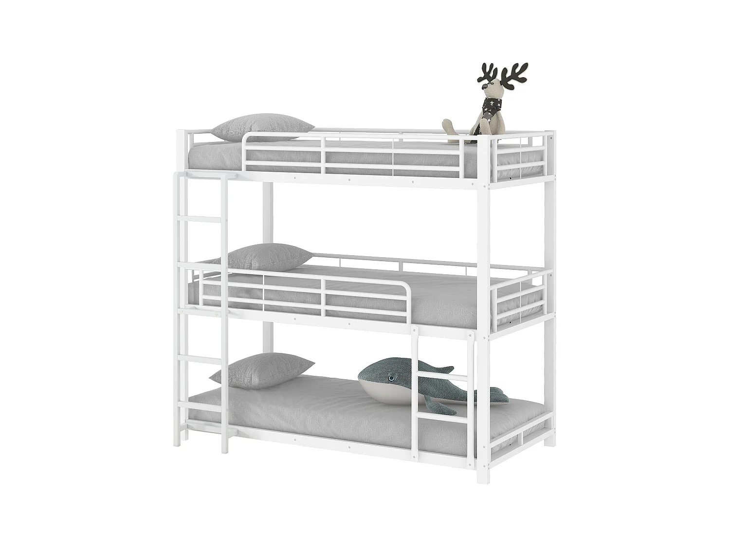 Drievoudig metalen stapelbed met ladder voor kinderen, tieners en volwassenen, metalen frame, wit (204x95x194 cm)