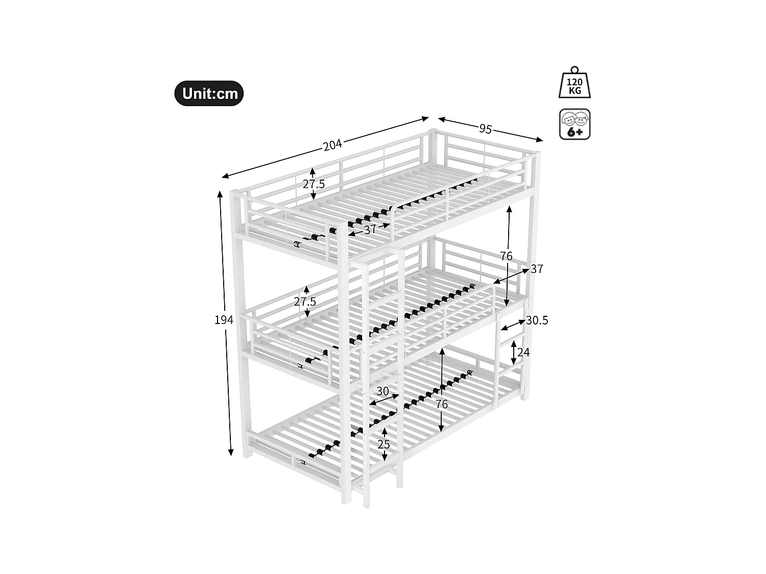 Drievoudig metalen stapelbed met ladder voor kinderen, tieners en volwassenen, metalen frame, wit (204x95x194 cm)