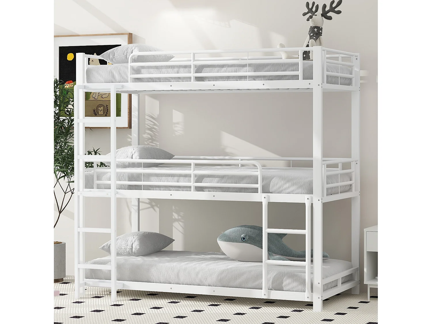 Litera triple de metal con escalera para niños, adolescentes y adultos, estructura de metal, color blanco (204 x 95 x 194 cm)