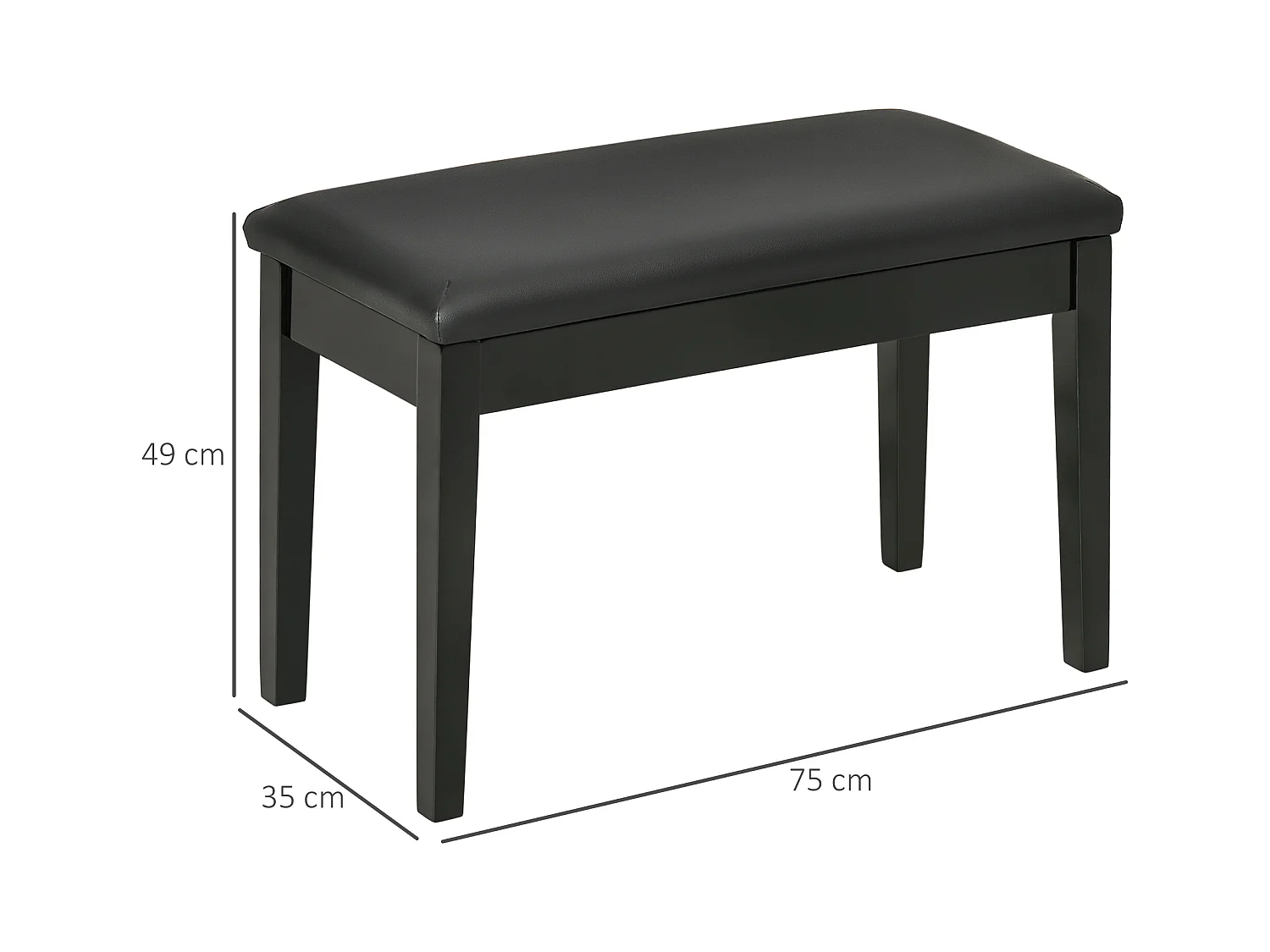 Banc de piano réglable avec rangement, similicuir noir, bois (75x35x49 cm)