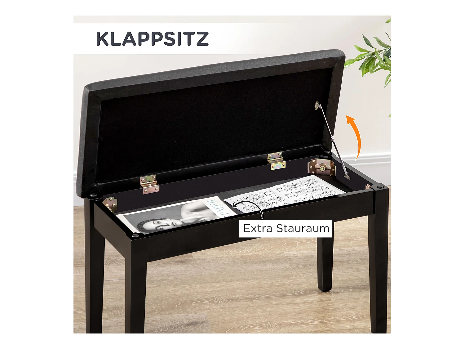 Banc de piano réglable avec rangement, similicuir noir, bois (75x35x49 cm)