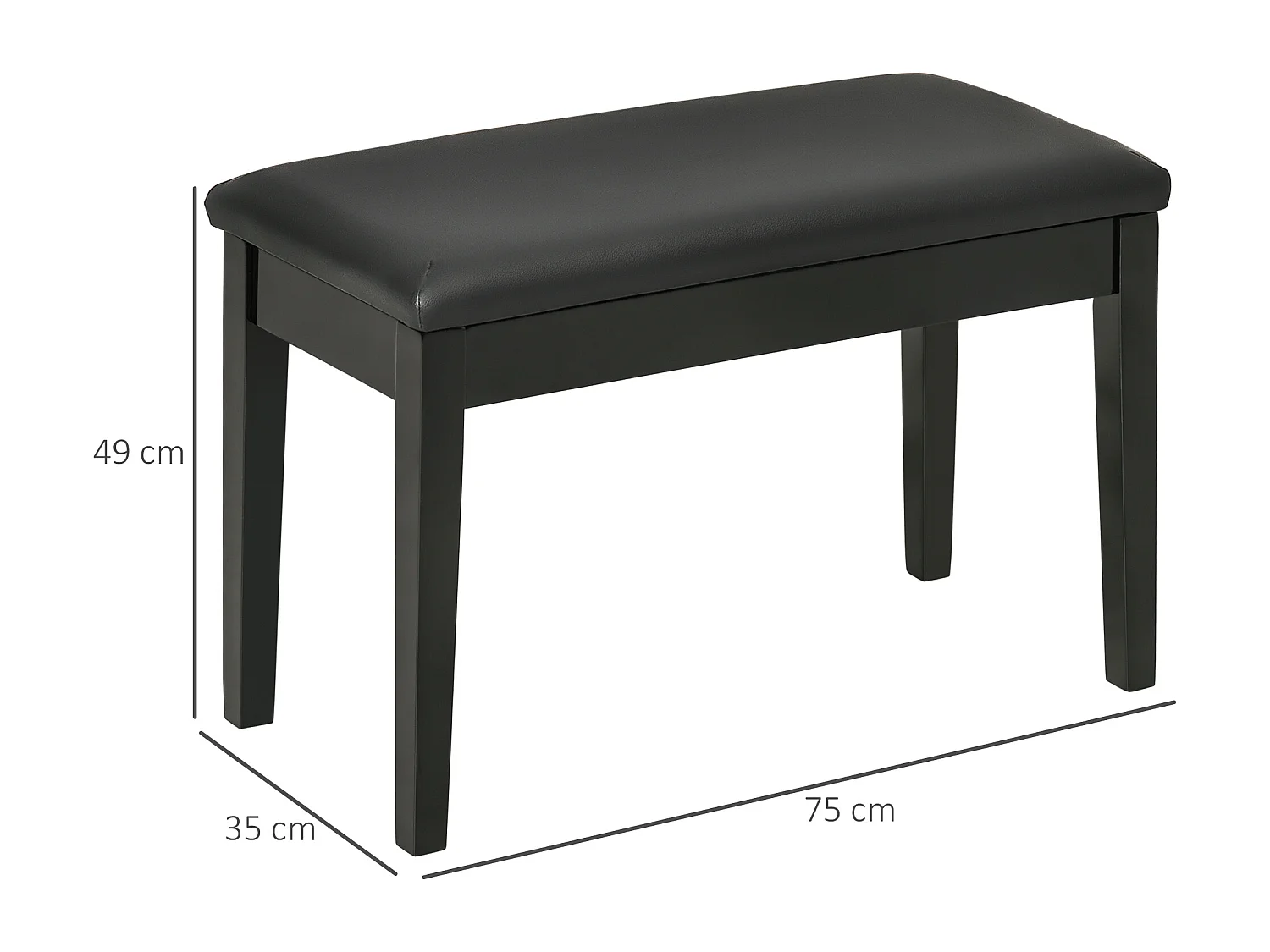 Banc de piano réglable avec rangement, similicuir noir, bois (75x35x49 cm)