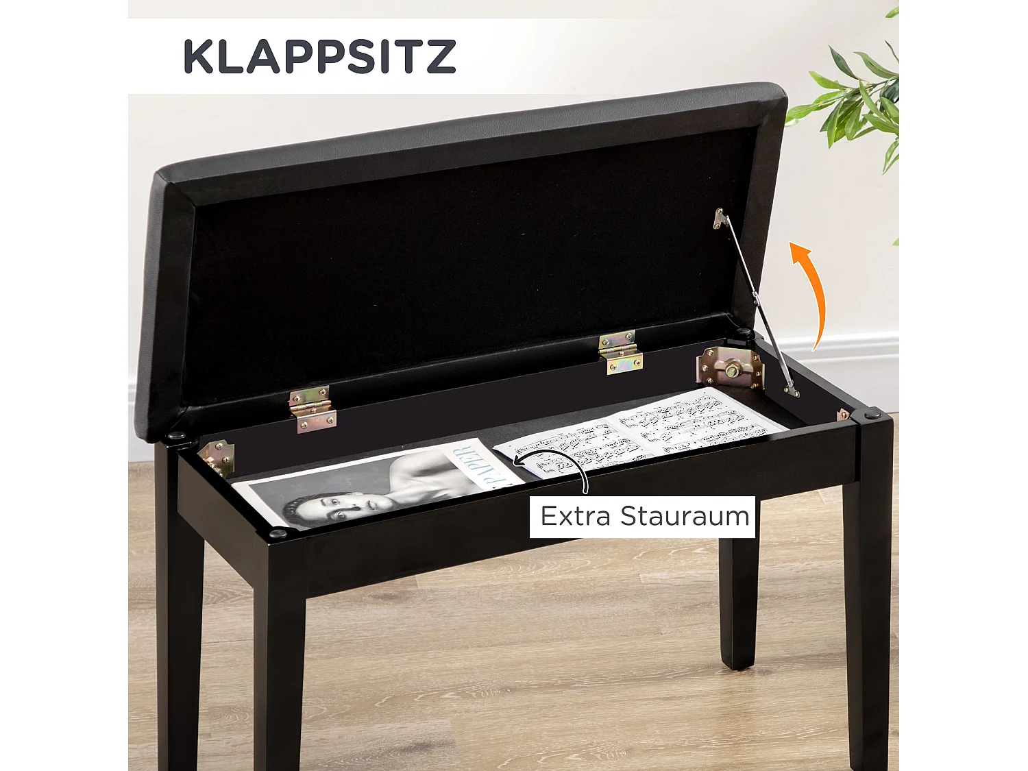 Banc de piano réglable avec rangement, similicuir noir, bois (75x35x49 cm)