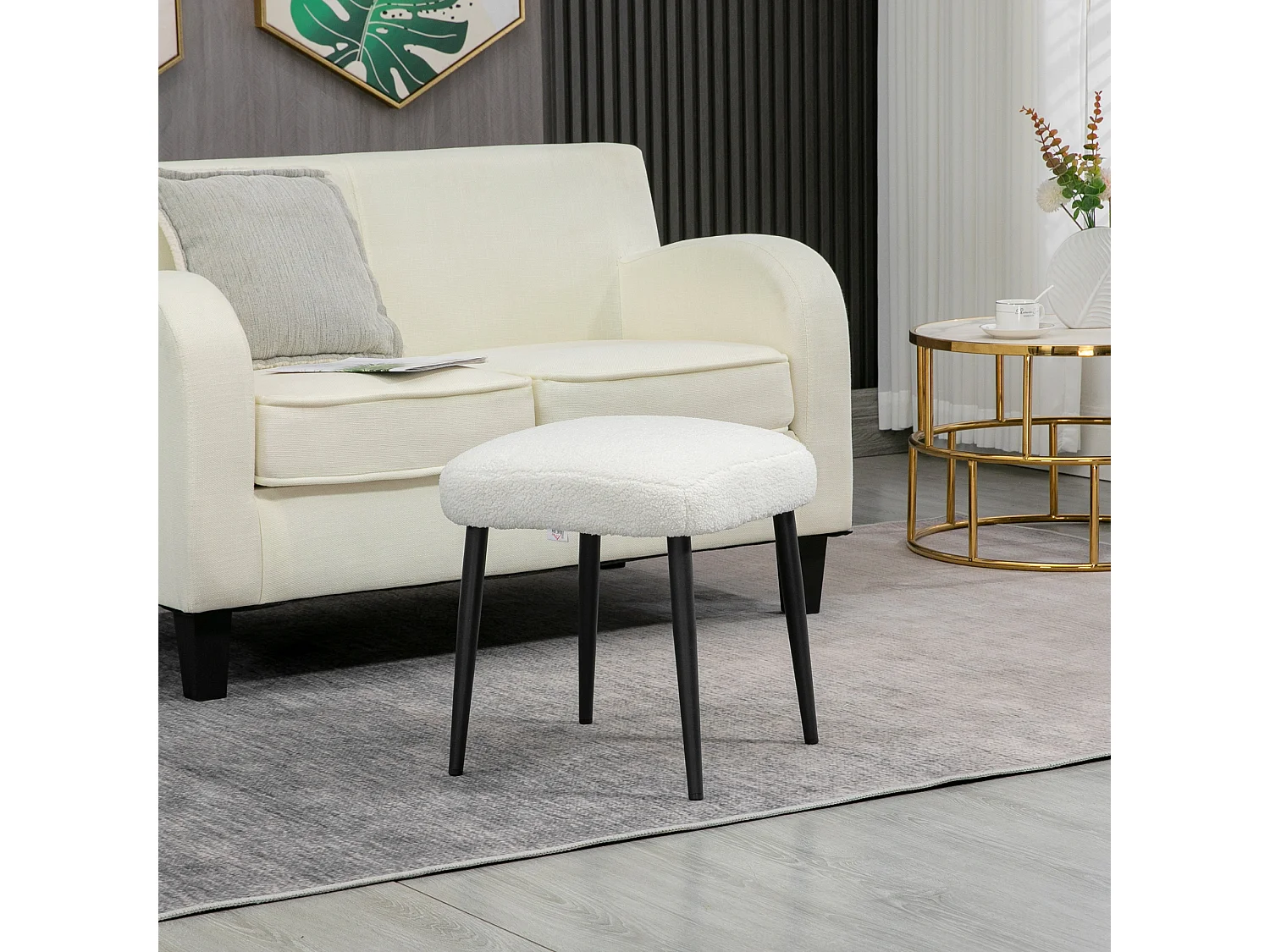 Pouf carré en tissu cachemire, pieds en acier, crème (42x42x47cm)