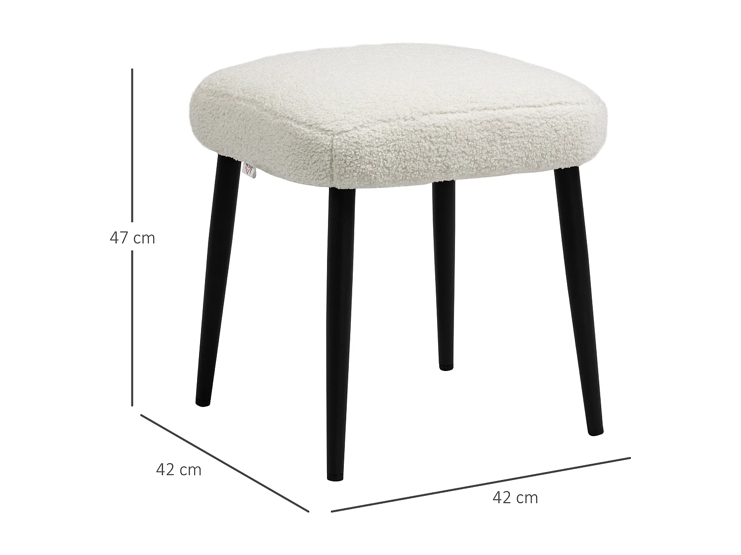 Pouf carré en tissu cachemire, pieds en acier, crème (42x42x47cm)