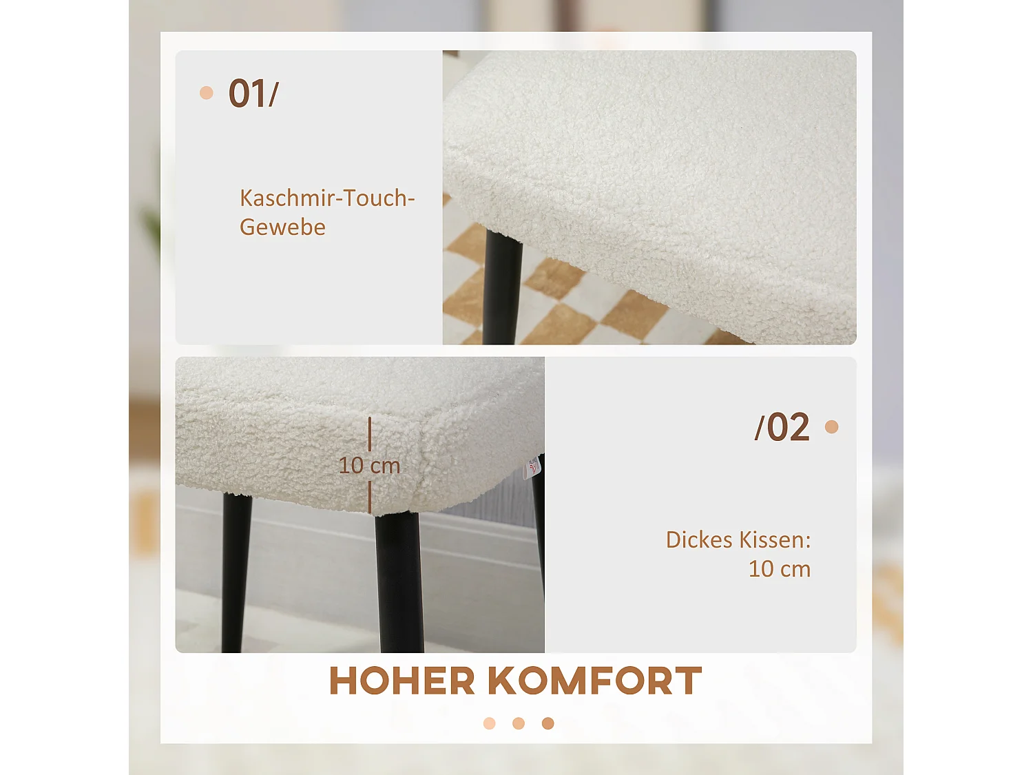 Pouf carré en tissu cachemire, pieds en acier, crème (42x42x47cm)