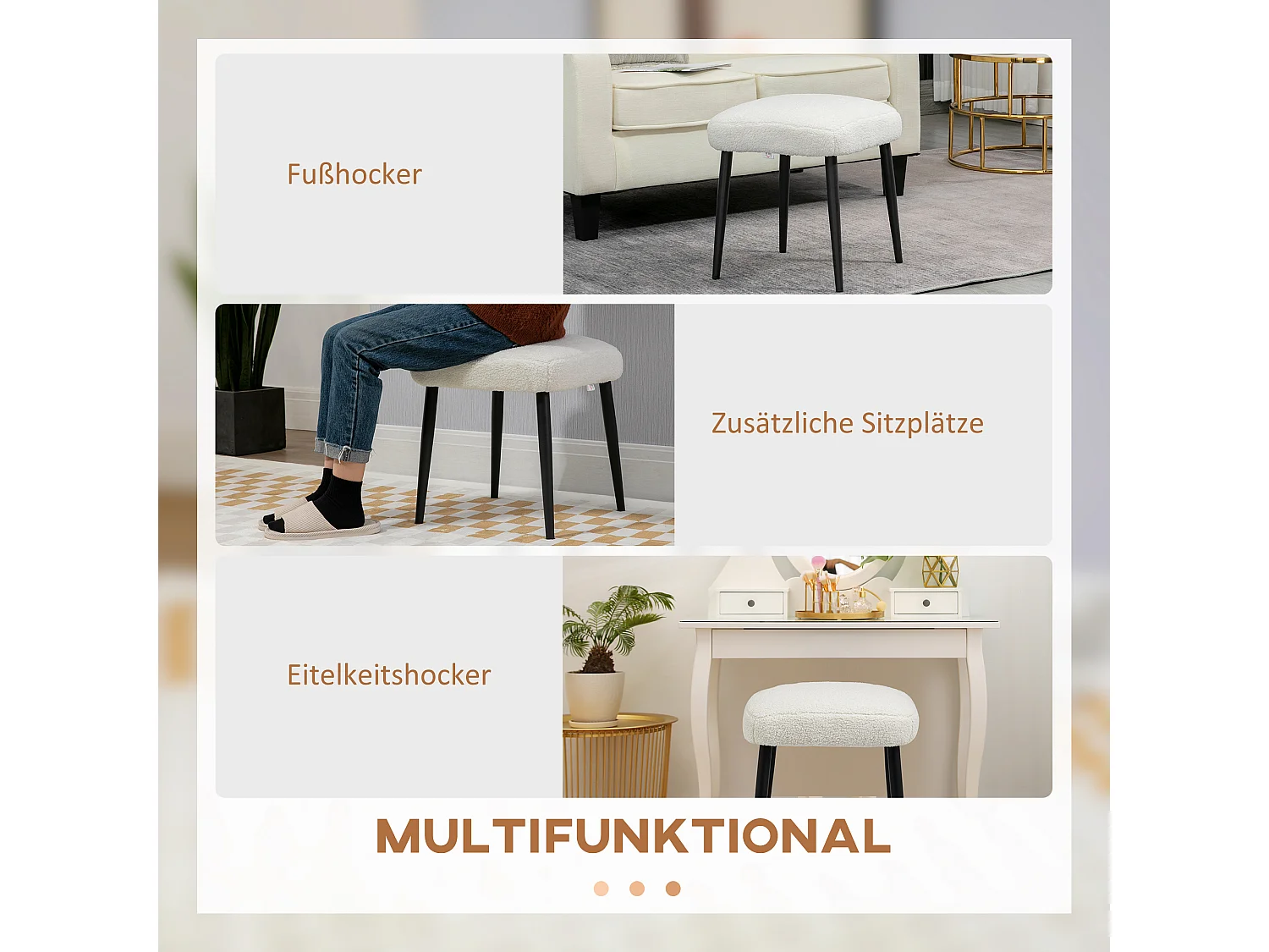 Pouf carré en tissu cachemire, pieds en acier, crème (42x42x47cm)