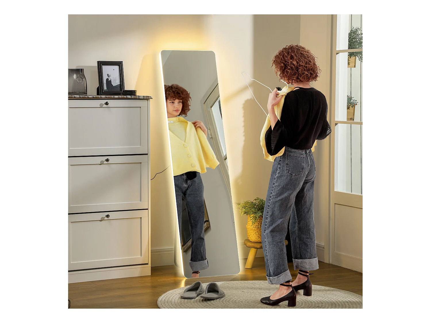 Miroir sur Pied avec Éclairage LED, 3 Couleurs de Lumière, Métal, Transparent (40x3x150 cm)