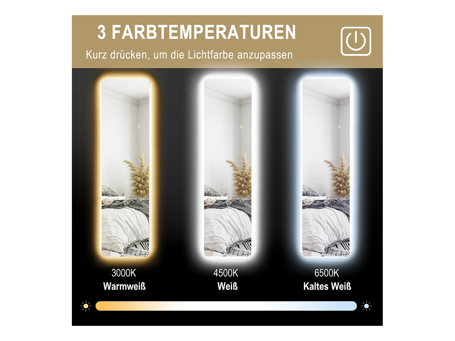 Miroir sur Pied avec Éclairage LED, 3 Couleurs de Lumière, Métal, Transparent (40x3x150 cm)