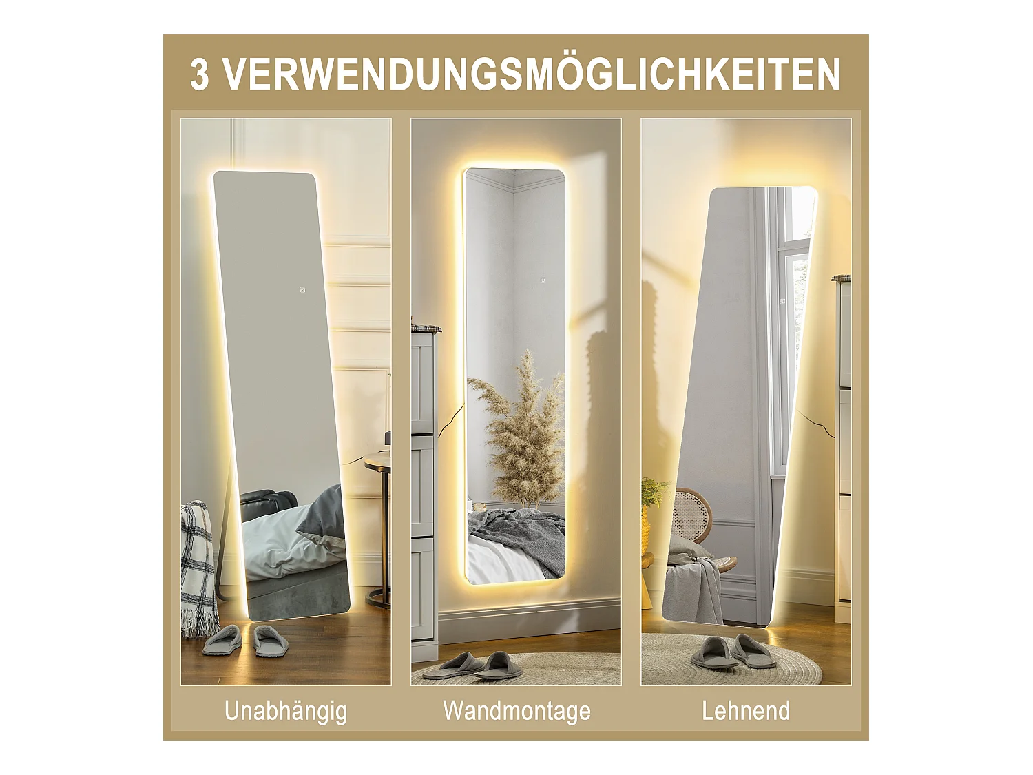 Miroir sur Pied avec Éclairage LED, 3 Couleurs de Lumière, Métal, Transparent (40x3x150 cm)