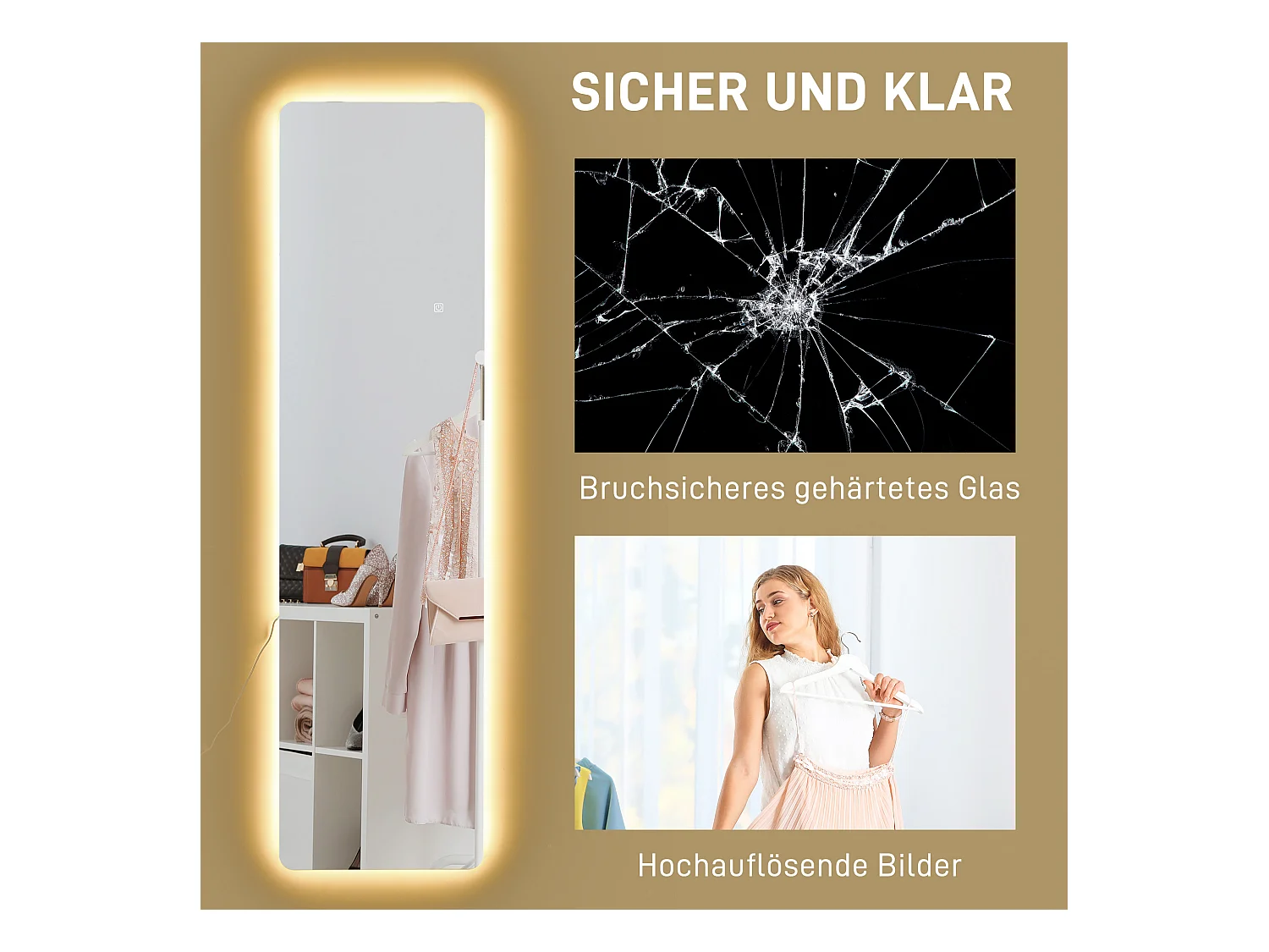 Miroir sur Pied avec Éclairage LED, 3 Couleurs de Lumière, Métal, Transparent (40x3x150 cm)