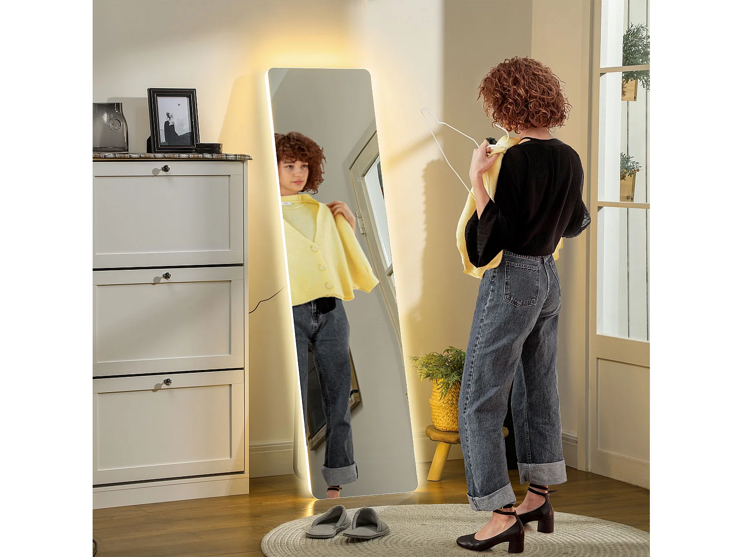 Staande spiegel met LED-verlichting, 3 lichtkleuren, metaal, transparant (40x3x150 cm)