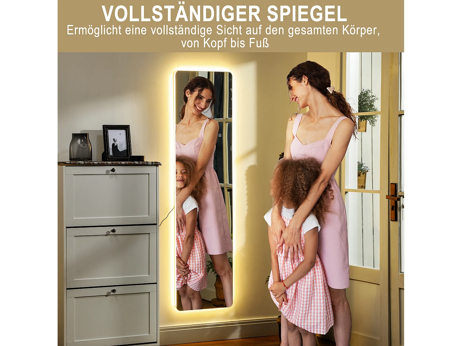 Staande spiegel met LED-verlichting, 3 lichtkleuren, metaal, transparant (40x3x150 cm)