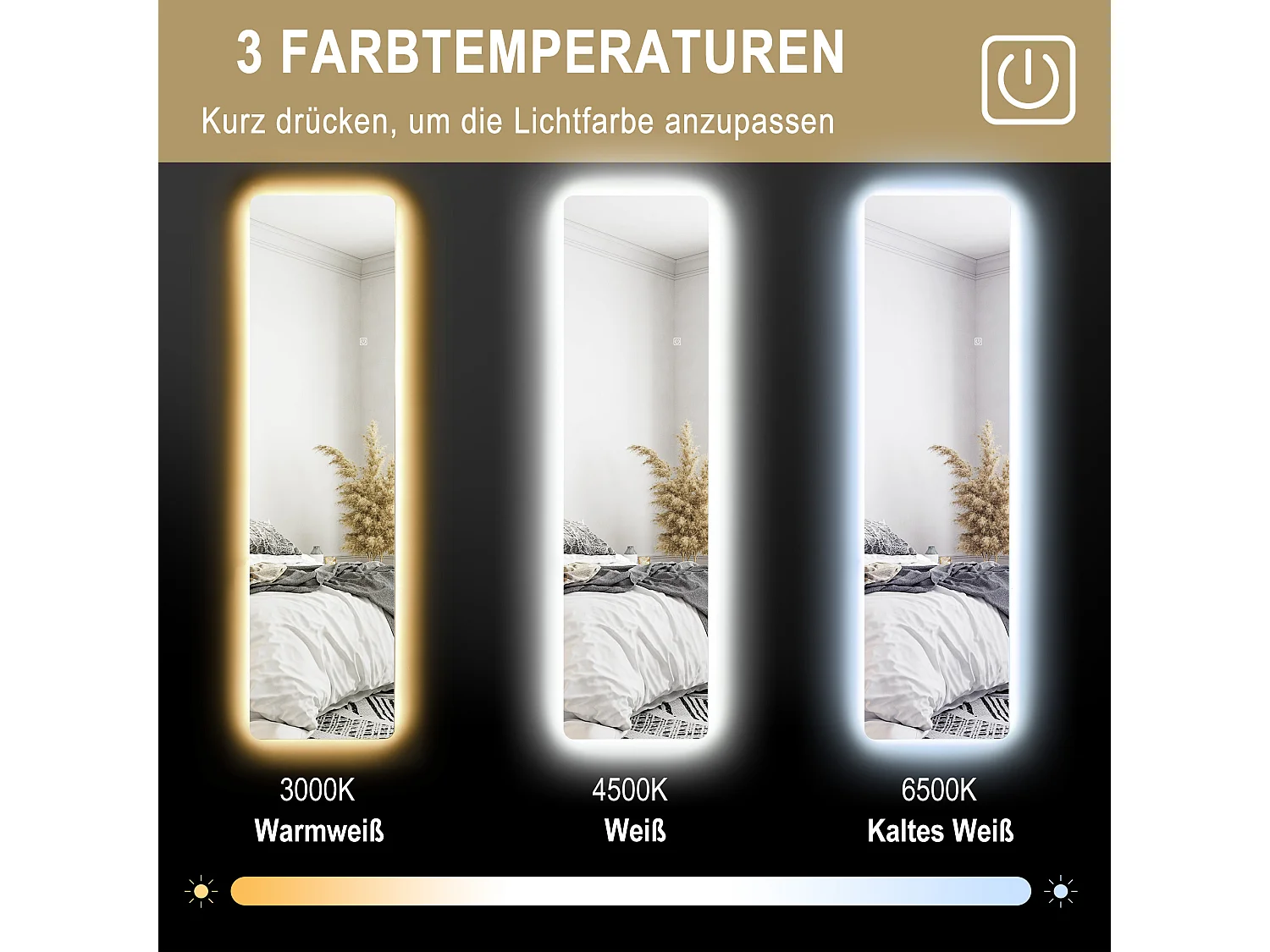 Staande spiegel met LED-verlichting, 3 lichtkleuren, metaal, transparant (40x3x150 cm)