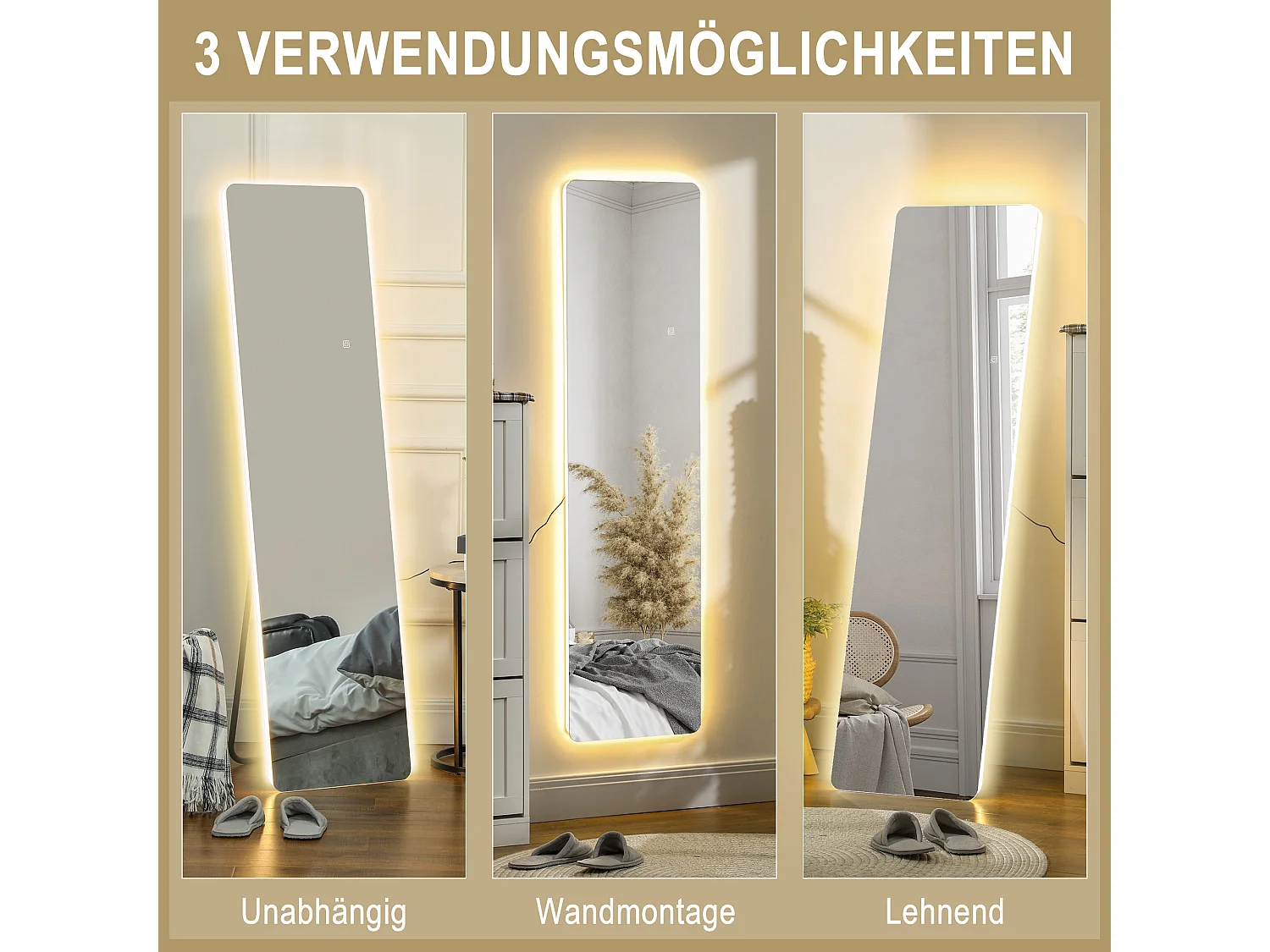 Staande spiegel met LED-verlichting, 3 lichtkleuren, metaal, transparant (40x3x150 cm)