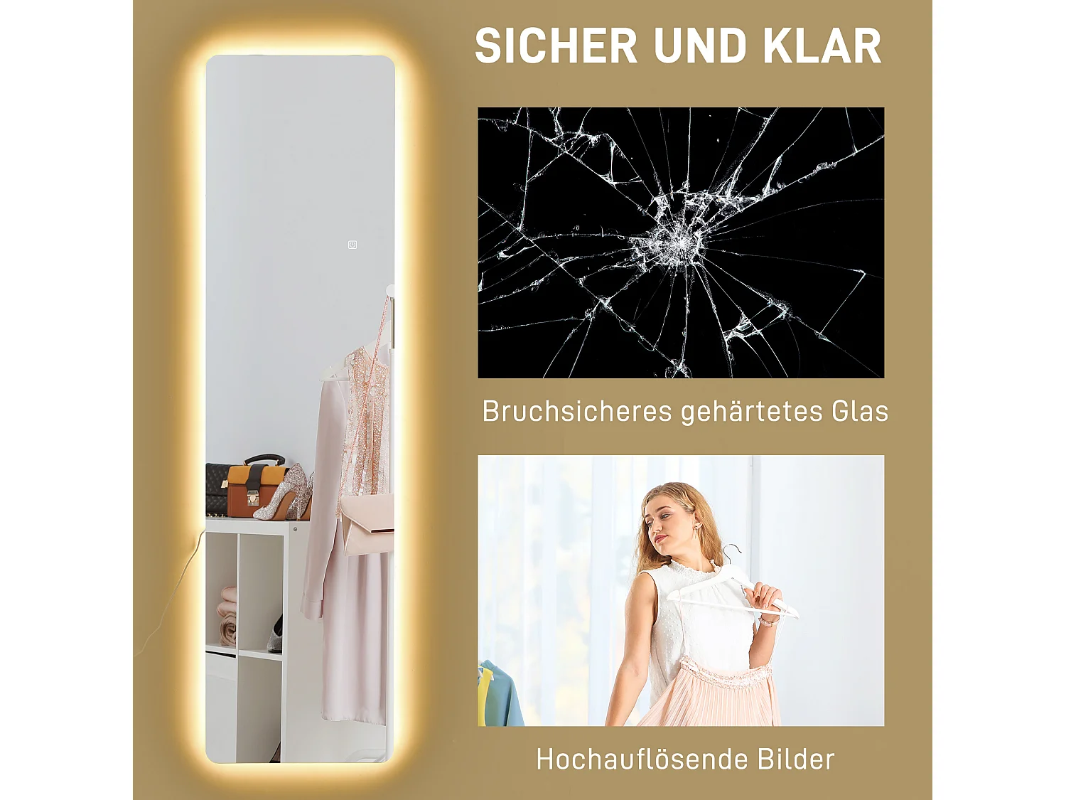 Staande spiegel met LED-verlichting, 3 lichtkleuren, metaal, transparant (40x3x150 cm)