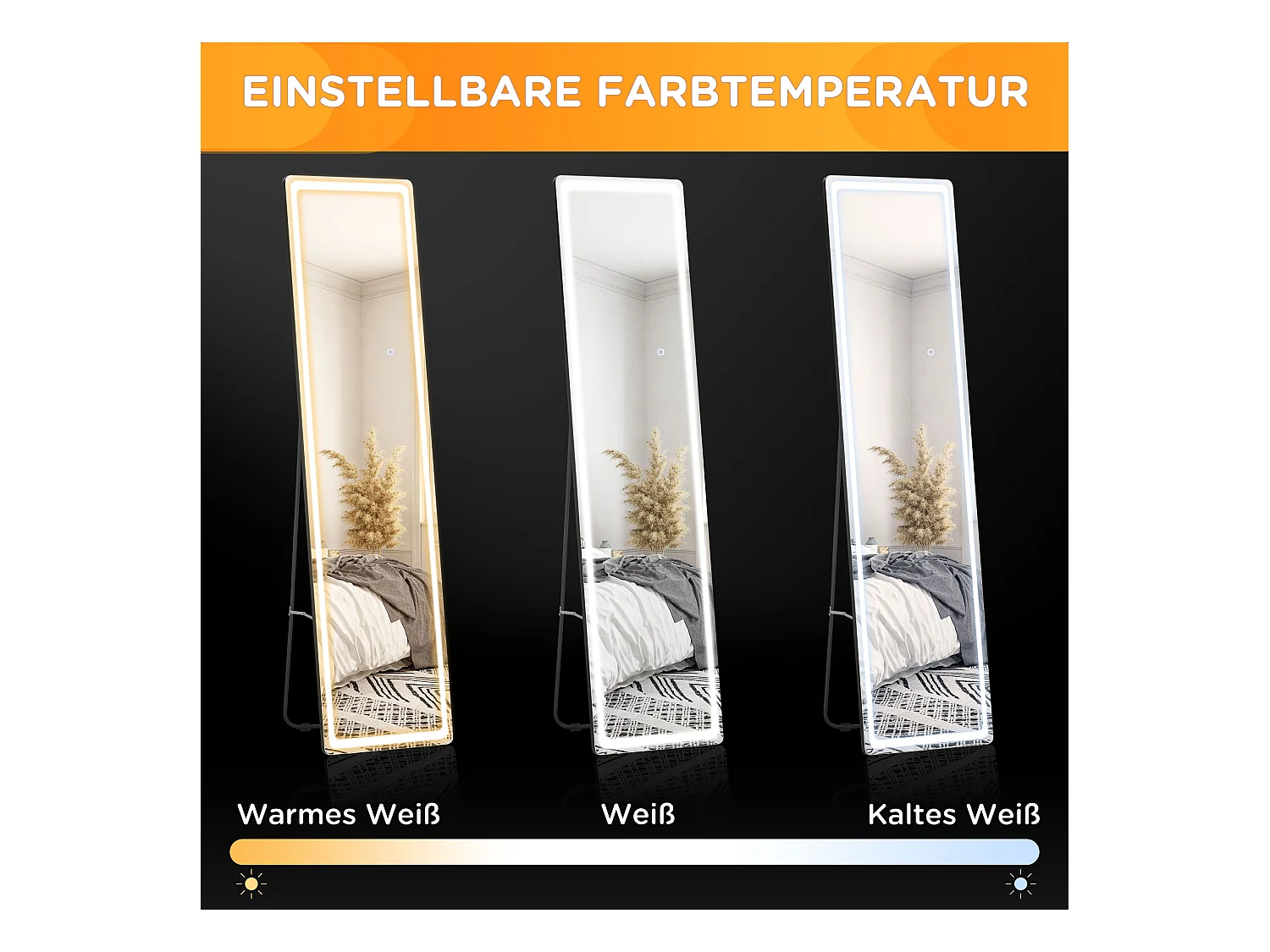 Miroir sur pied 2-en-1 avec éclairage LED réglable, aluminium, argent et noir (40x37x157.5cm)