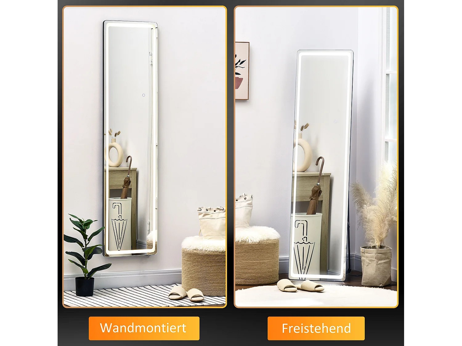 Miroir sur pied 2-en-1 avec éclairage LED réglable, aluminium, argent et noir (40x37x157.5cm)