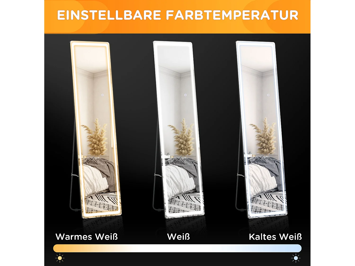 Miroir sur pied 2-en-1 avec éclairage LED réglable, aluminium, argent et noir (40x37x157.5cm)