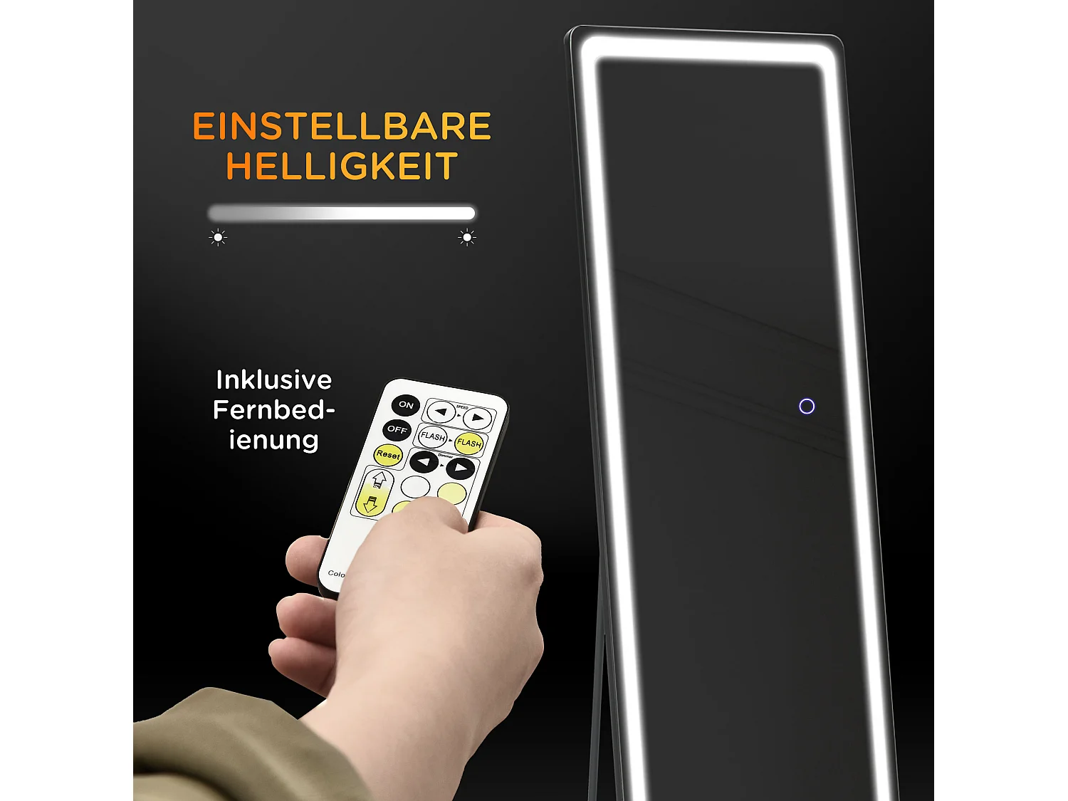 Miroir sur pied 2-en-1 avec éclairage LED réglable, aluminium, argent et noir (40x37x157.5cm)