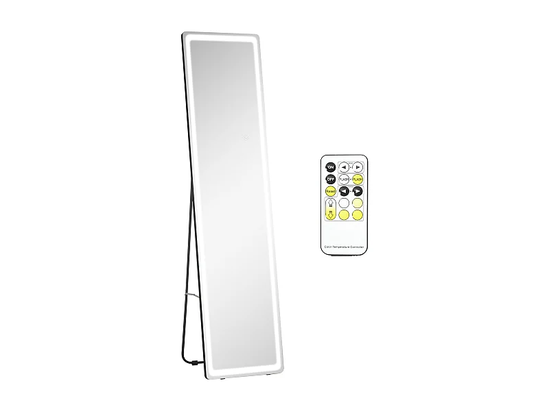 Miroir sur pied 2-en-1 avec éclairage LED réglable, aluminium, argent et noir (40x37x157.5cm)